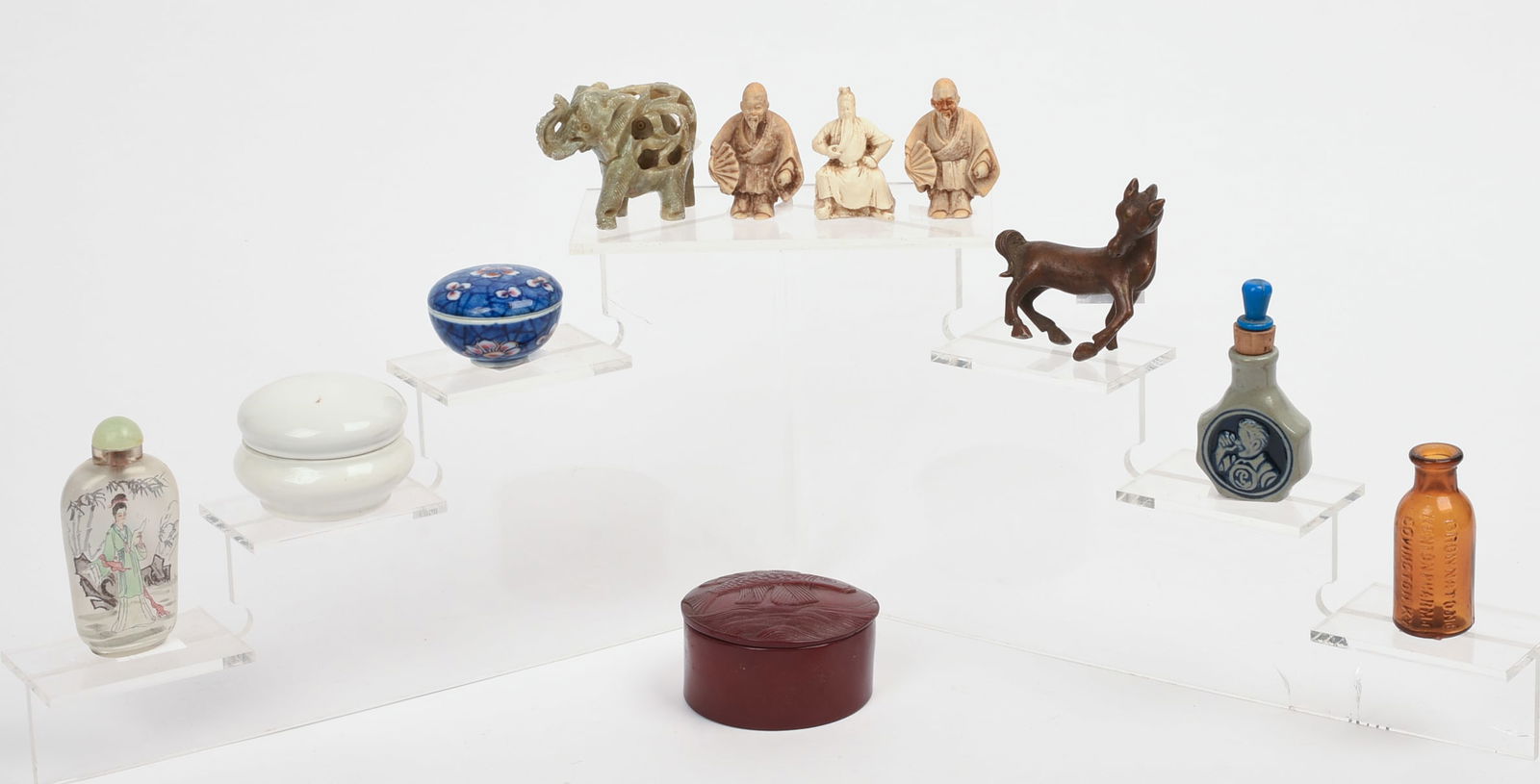 Two Chinese Snuff Bottles with Three Carved Miniature Figures.: Including hardstone elephant, metal horse, bottle, and 3 covered jars. Snuff bottles height 3.5 inches. Good condition.