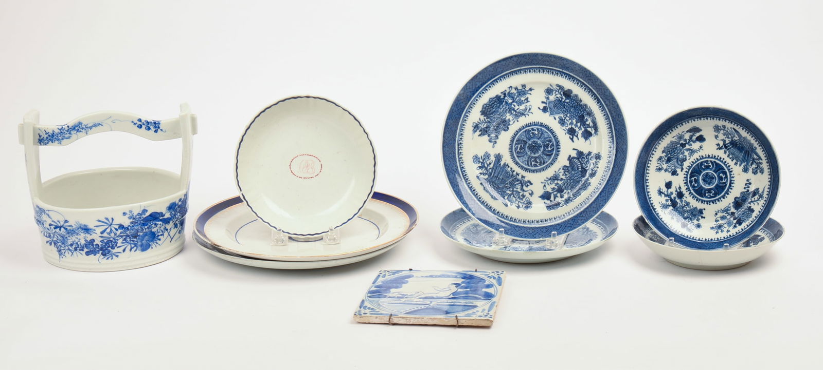 Blue and White Porcelain Basket with Chinese Export Dishes.: Including matching plate and bowl and delft style tile and other dishes. Basket height 6.5 inches. Some rim chips and paint loss.