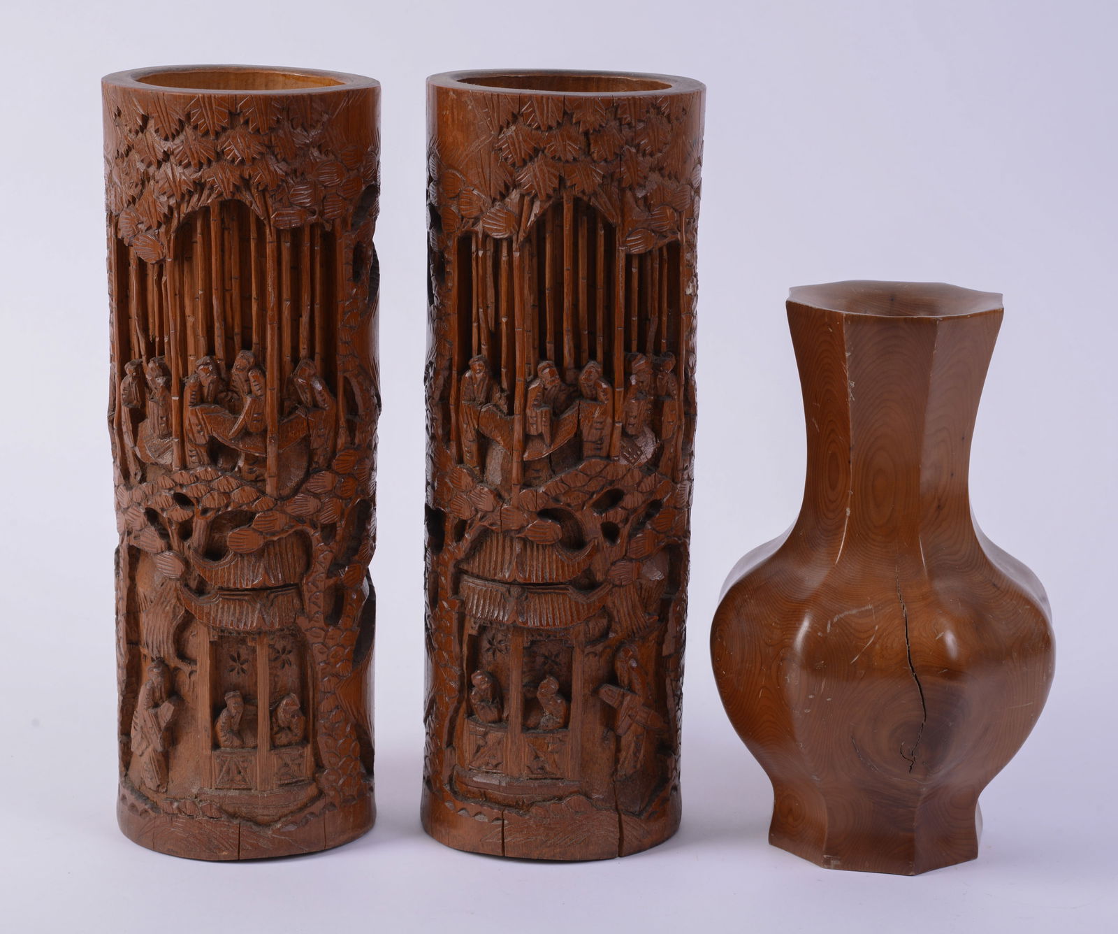 Pair of Chinese Carved Wood Tall Vases with Shaped Wood Vase.: Height of tall vases 11.75 inches.