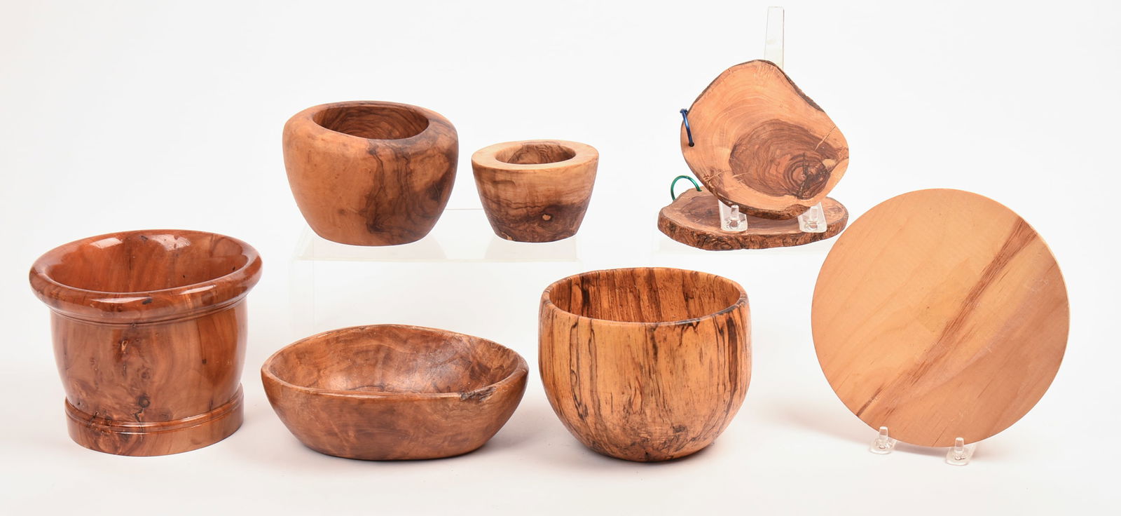 Group of Five Small Live Wood Bowls and Three Wood Trivets.: Height of largest bowl 4.75 inches.