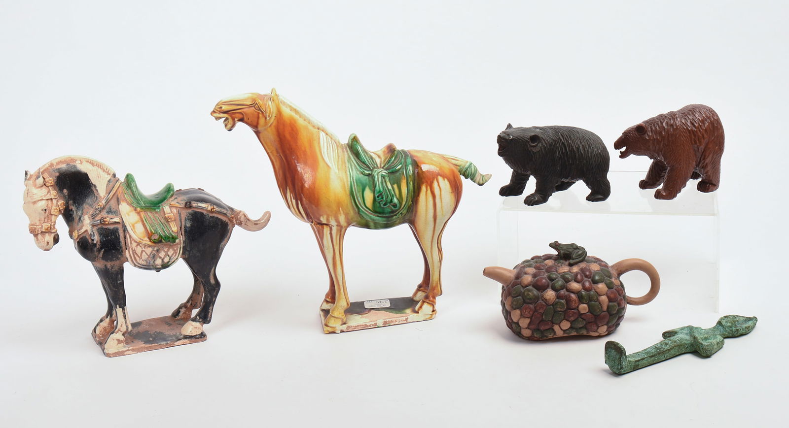 Two Chinese Ceramic Horses.: With two resin bears, frog pottery teapot and metal figure. Height of taller horse 9.25 inches. Good condition.
