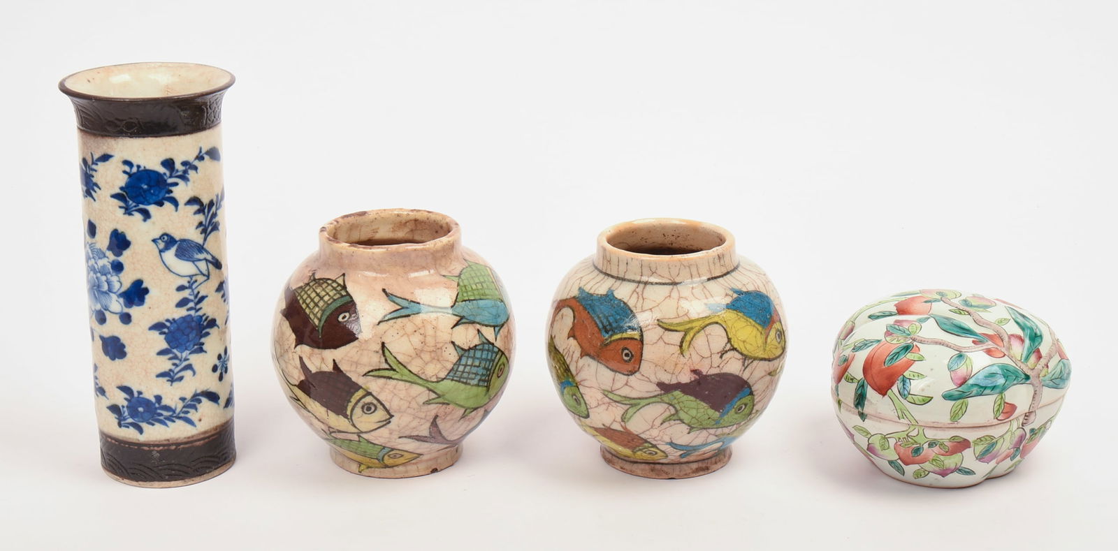 Chinese Ceramic Blue and White Brush Pot.: With pair of ceramic fish painted vases and covered jar. Height of brush pot 8.25 inches. Good condition.