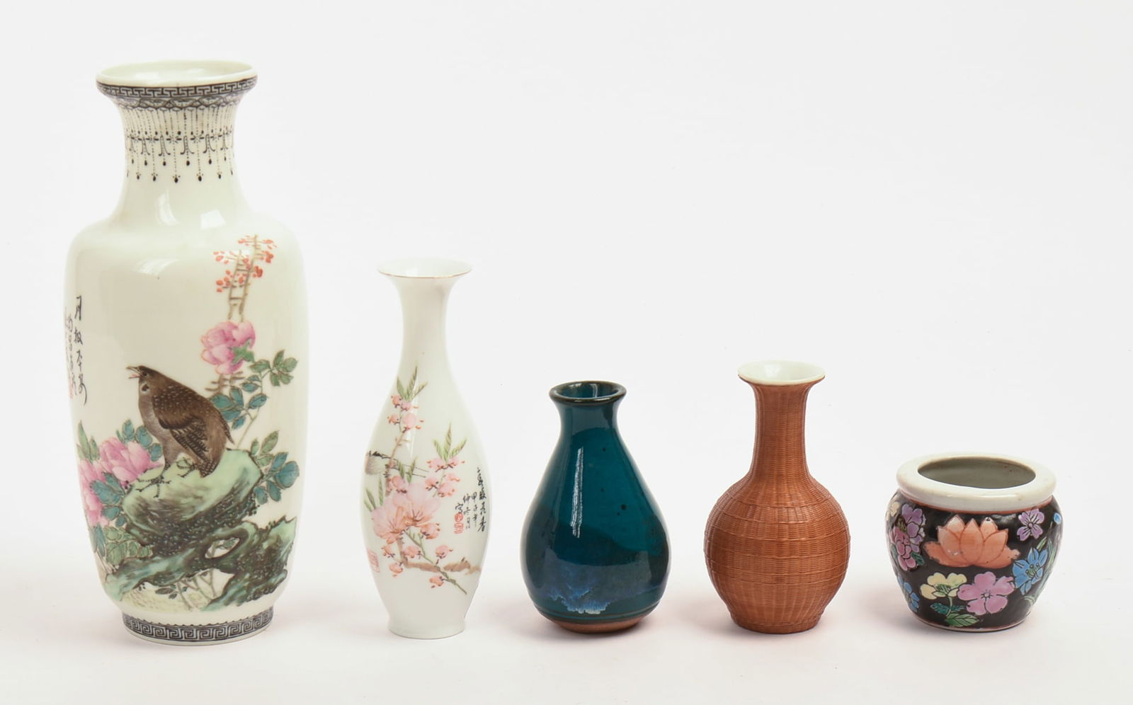 Five Chinese Porcelain and Pottery Vases.: Tallest height 9.5 inches with repaired cracks.