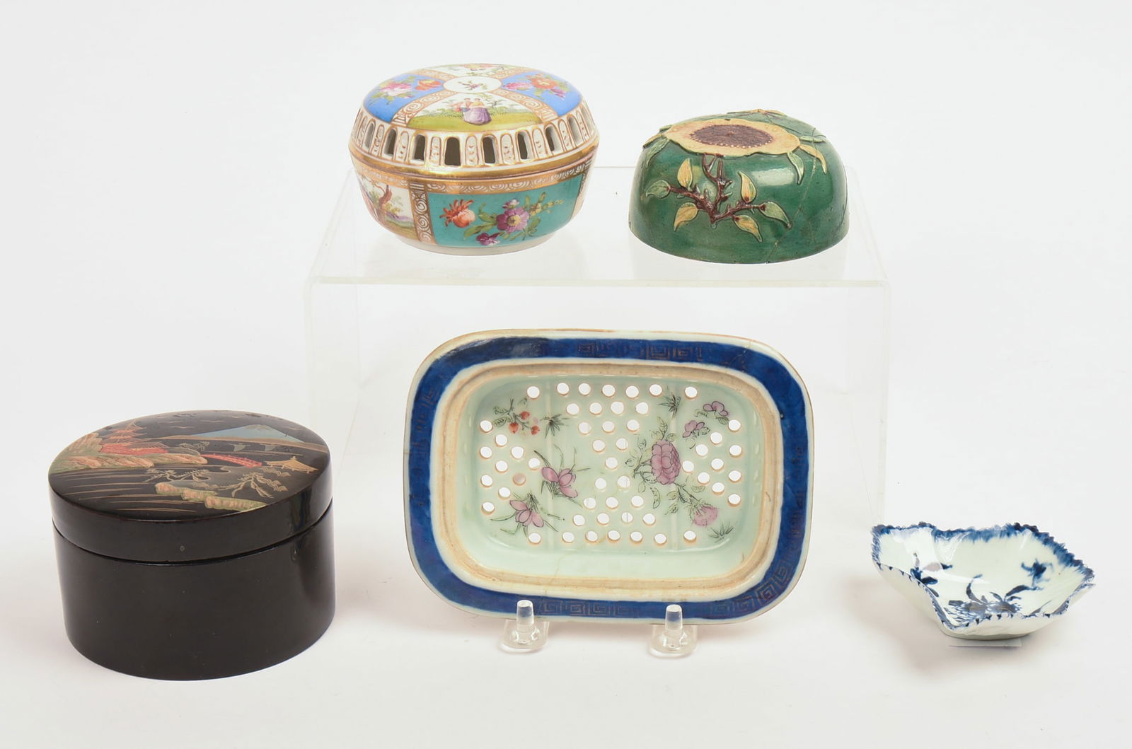 Chinese Lacquer Box Holding Three Plates with Porcelain Soap Dish.: With pottery lid and English porcelain covered jar. Diameter of box 3.75 inches. Good condition.