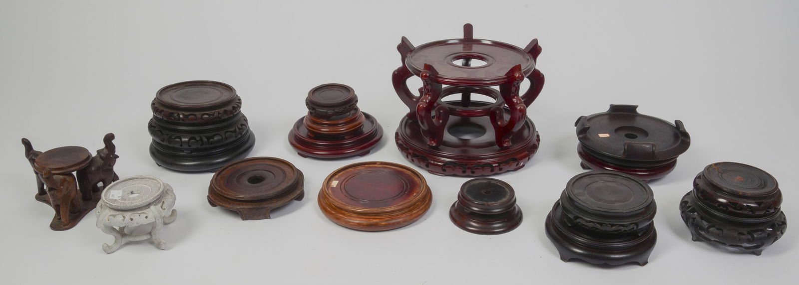 Large Group of Chinese Wood Carved Stands.: Tallest 6.5 inches. One cracked.