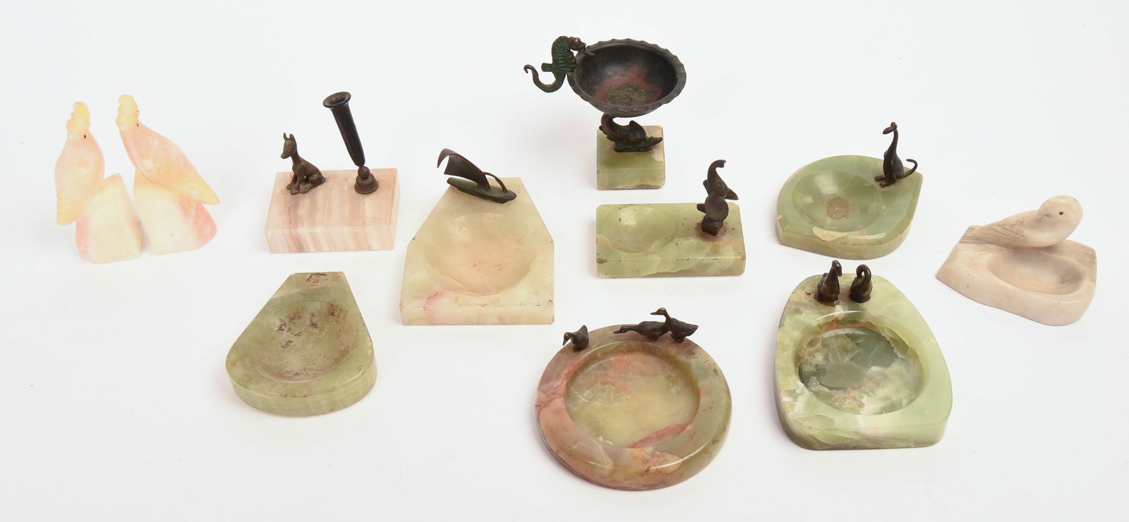 Eleen Marble Pieces.: Pair of birds, height 5 inches, inkwells, and others.