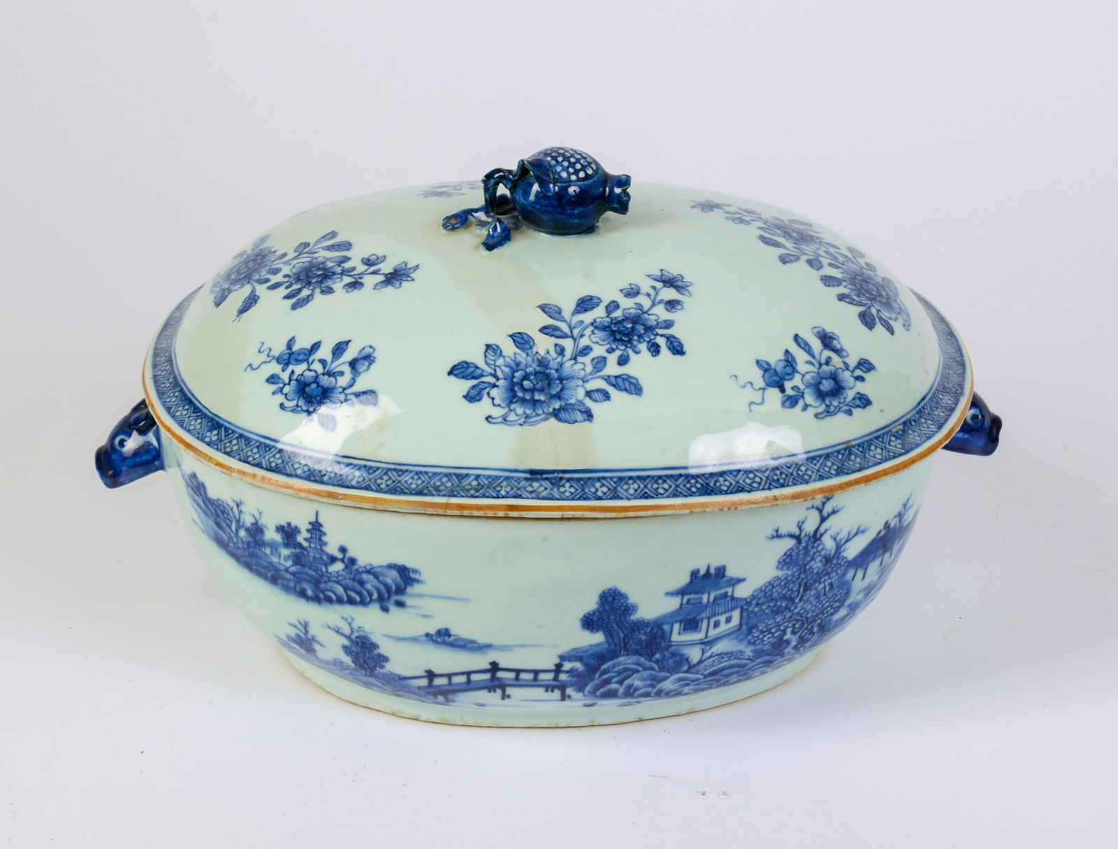 Chinese Blue and White Covered Vegetable Dish.: Length 12 inches, good condition.