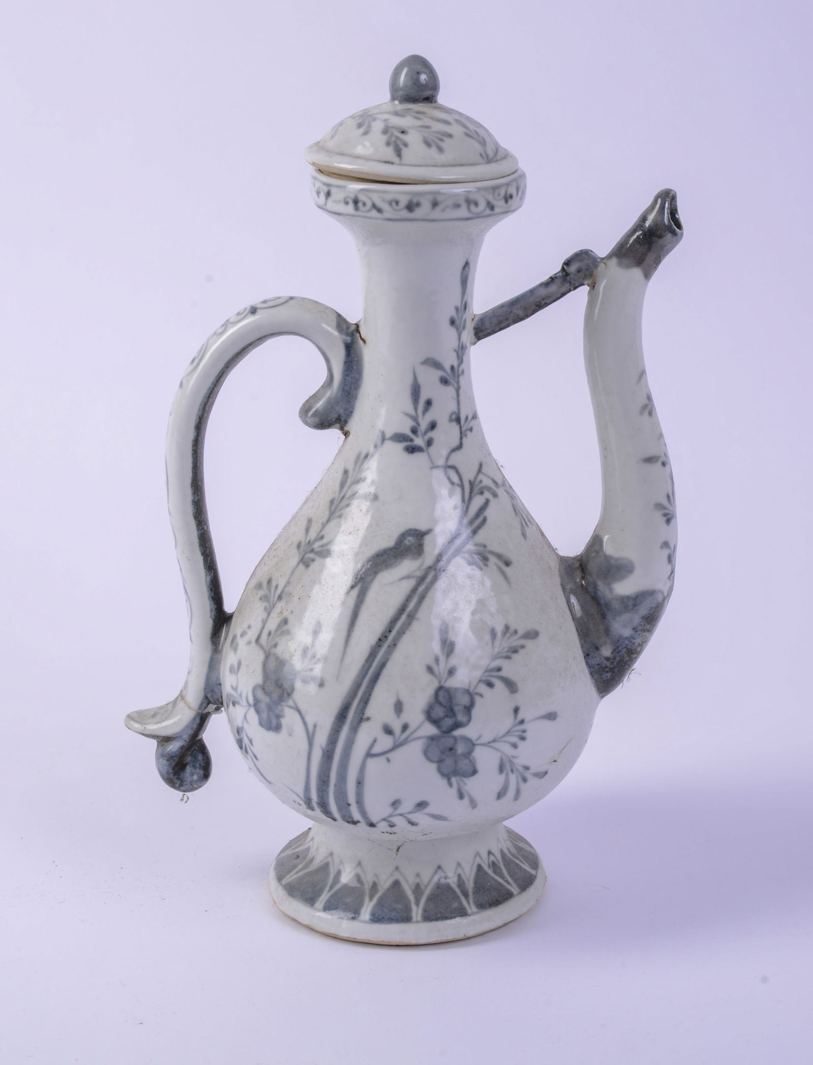 Blue and White Porcelain Ewer with Bird.: Height 15 inches.