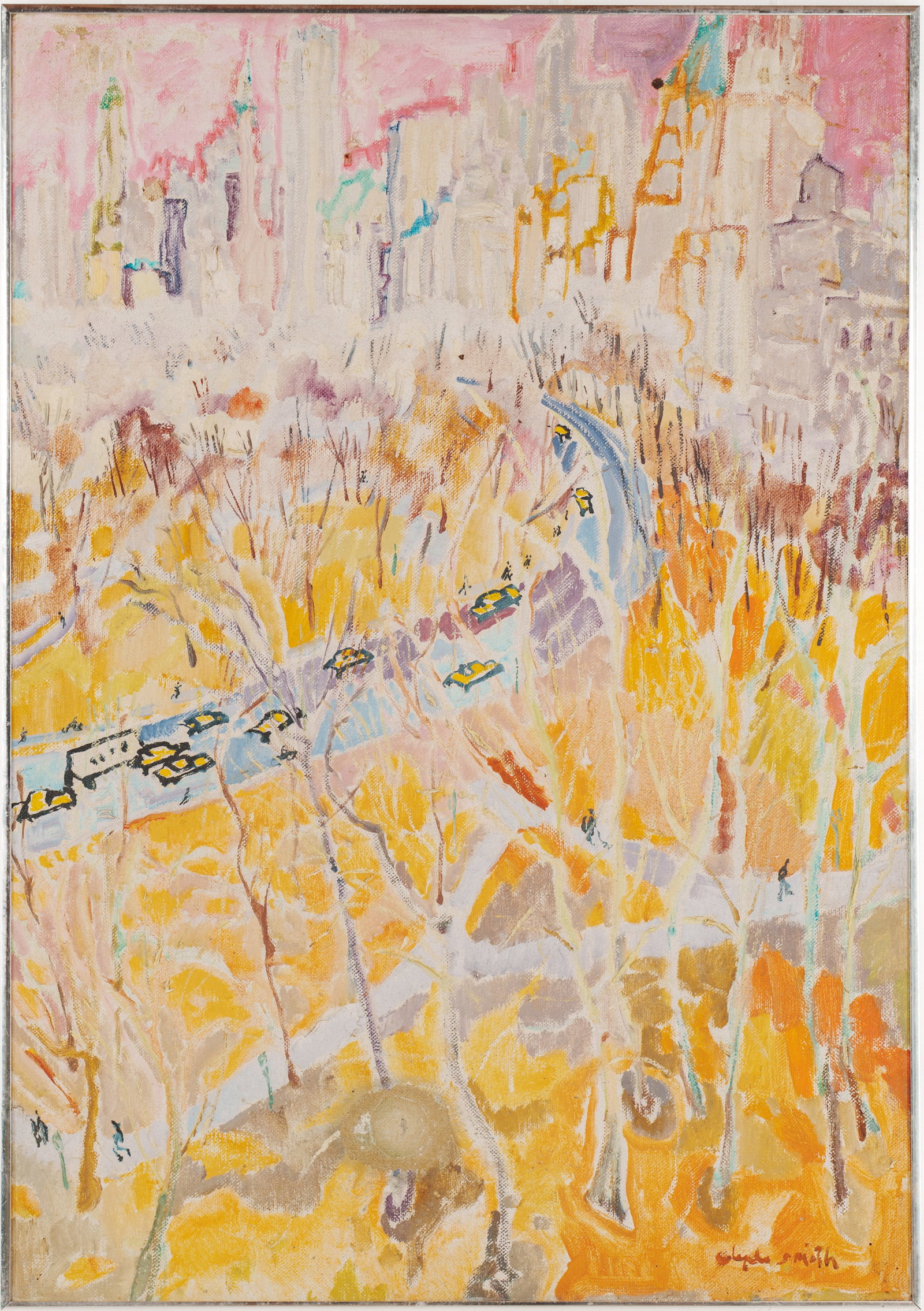 Impressionist NYC Scene.: Oil on canvas, 40 x 28 inches. Small tear bottom center.
