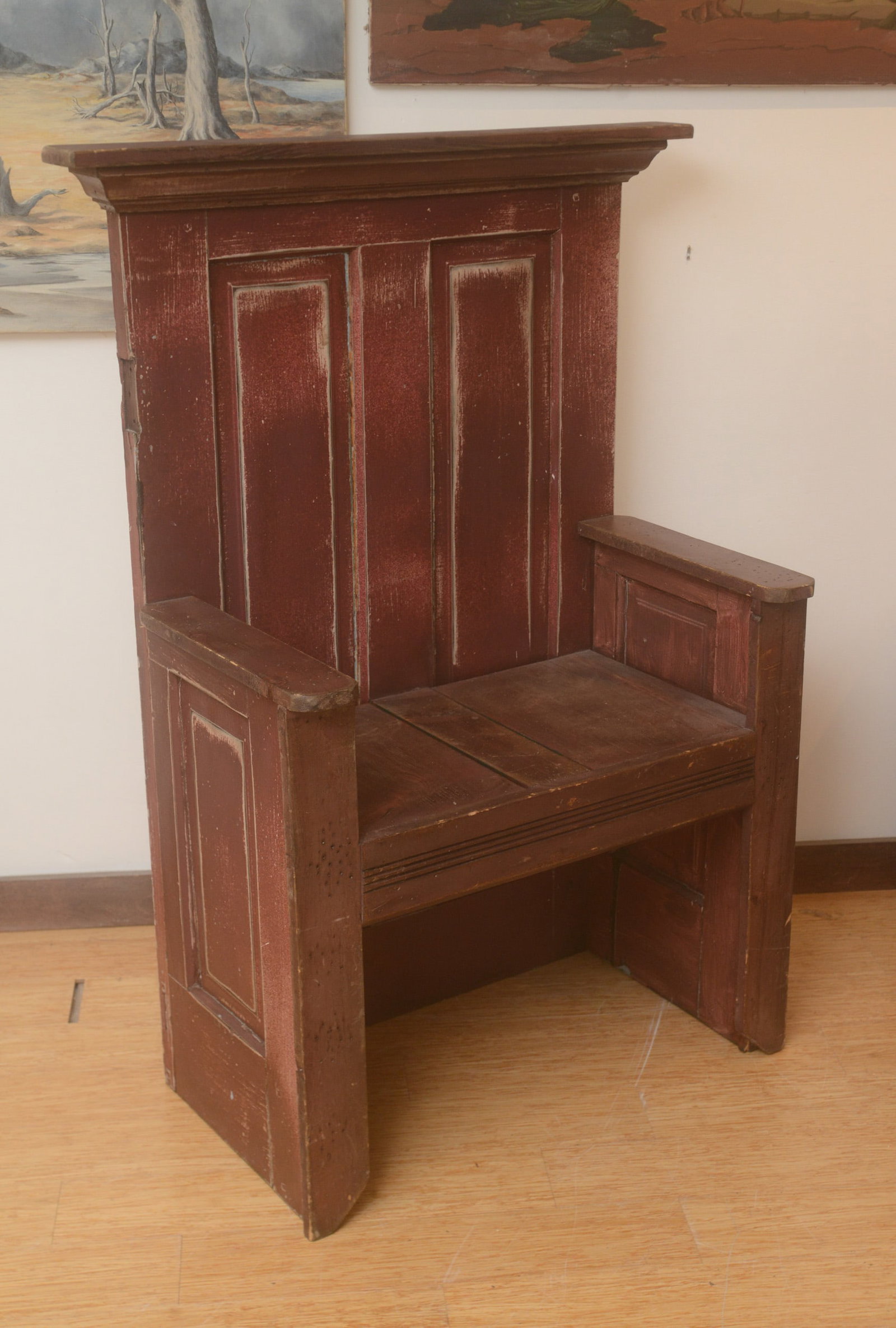 18th Century Bench Arm Chair.: Height 49 1/4 inches, width 36 inches, depth 18 inches.