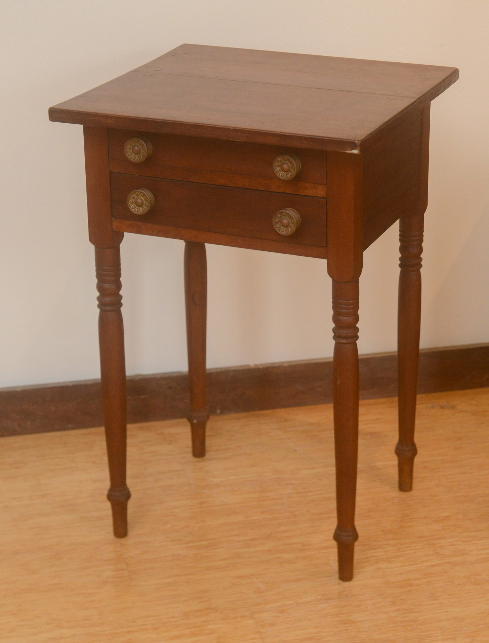 Early 19th Century Cherry Federal Two Drawer Stand: Height 29 inches, width 19 1/4 inches, depth 18 1/4 inches.