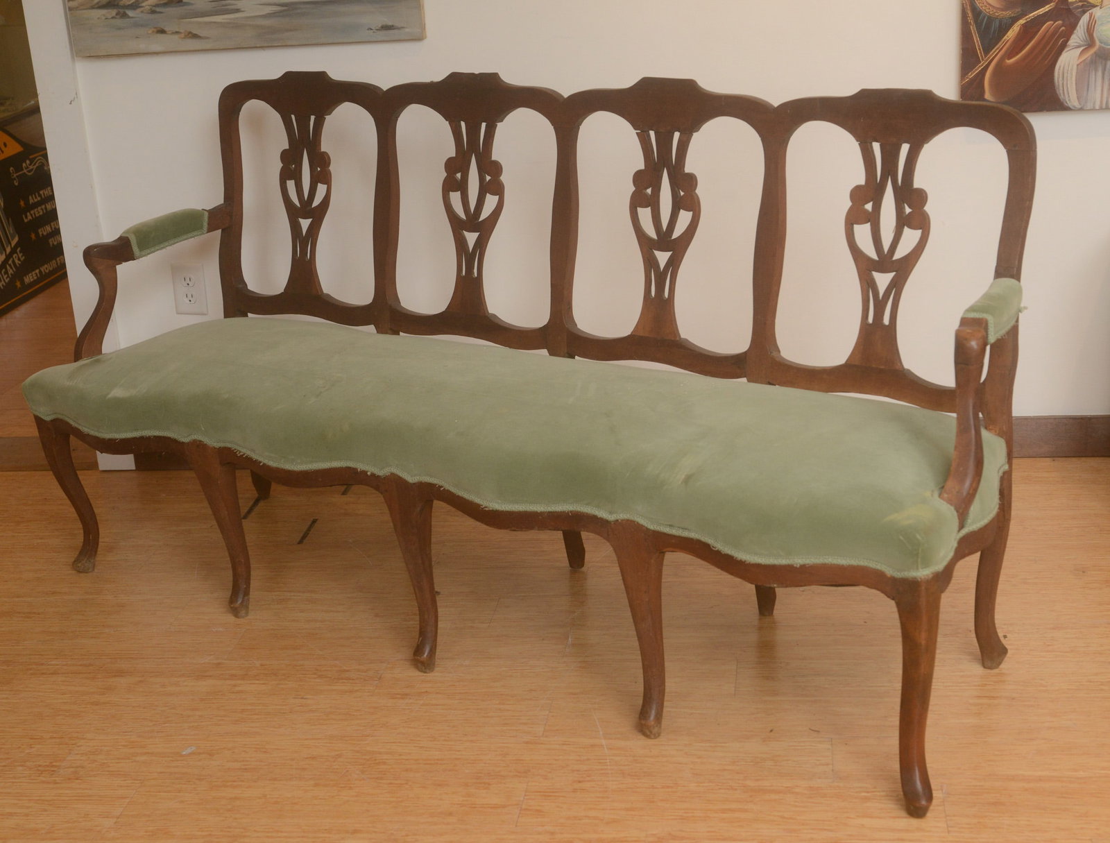 French Provincial Settee.: Length 73 inches, height 37 inches, depth 21 inches.