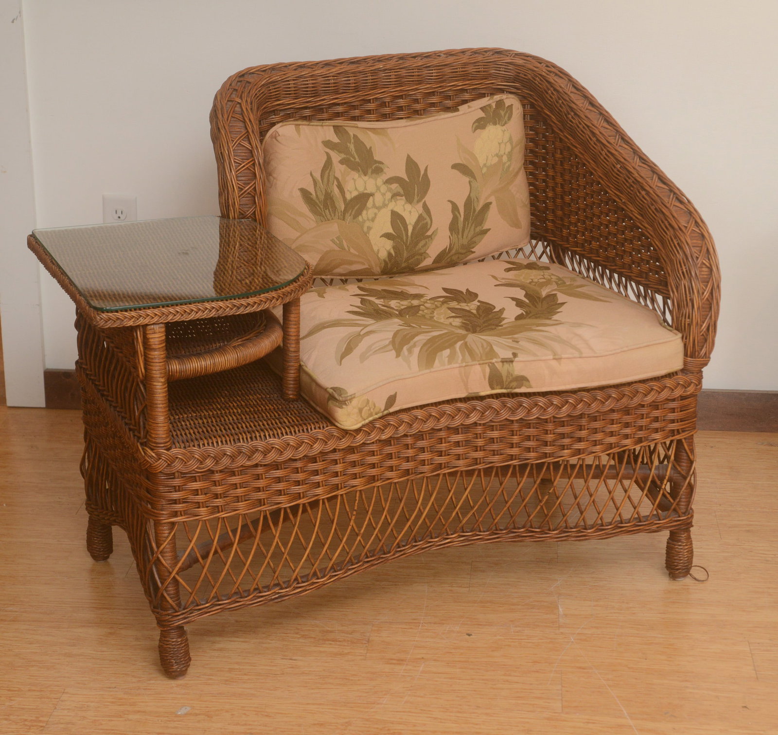 Wicker Telephone Chair.: Height 33 inches, length 42 inches, depth 25 inches.