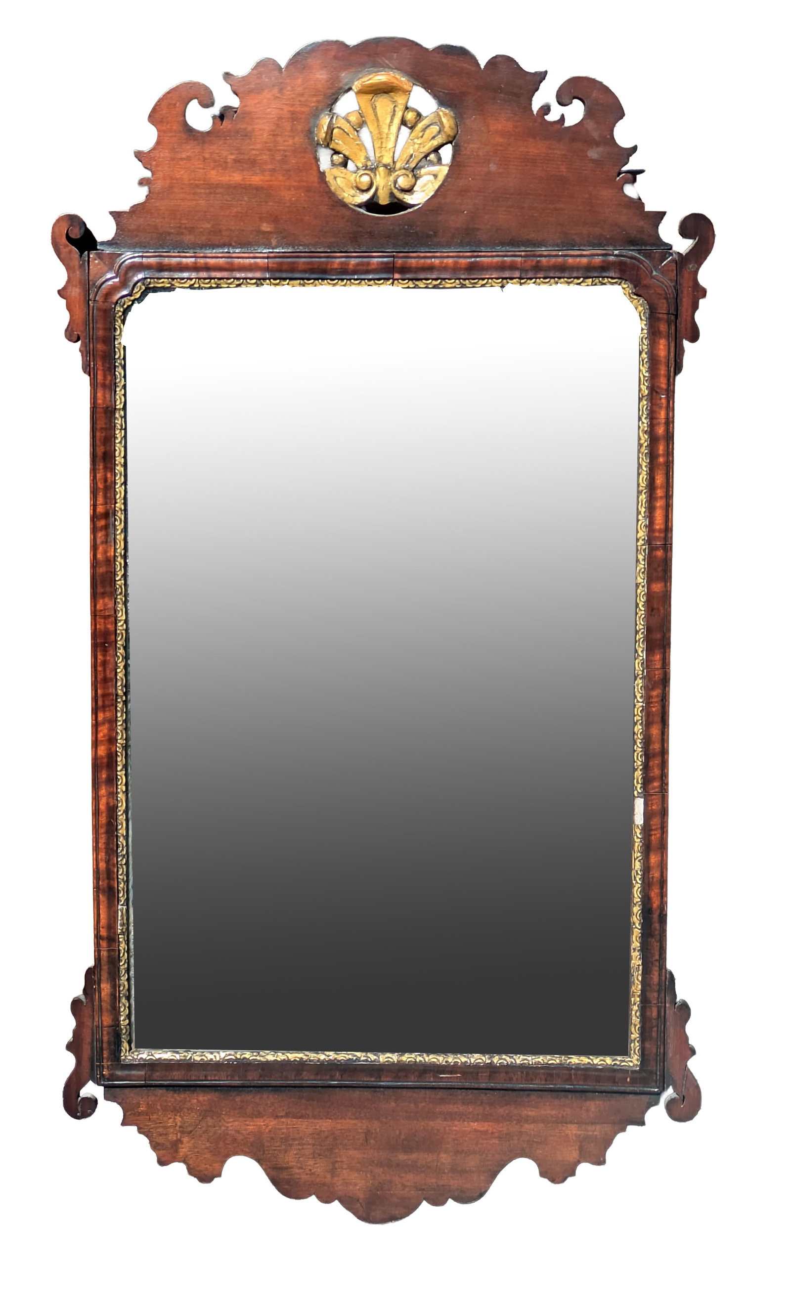 18th C Mahogany Chippendale Mirror: Having Gilt Carved Crest. 51 x 28 inches.