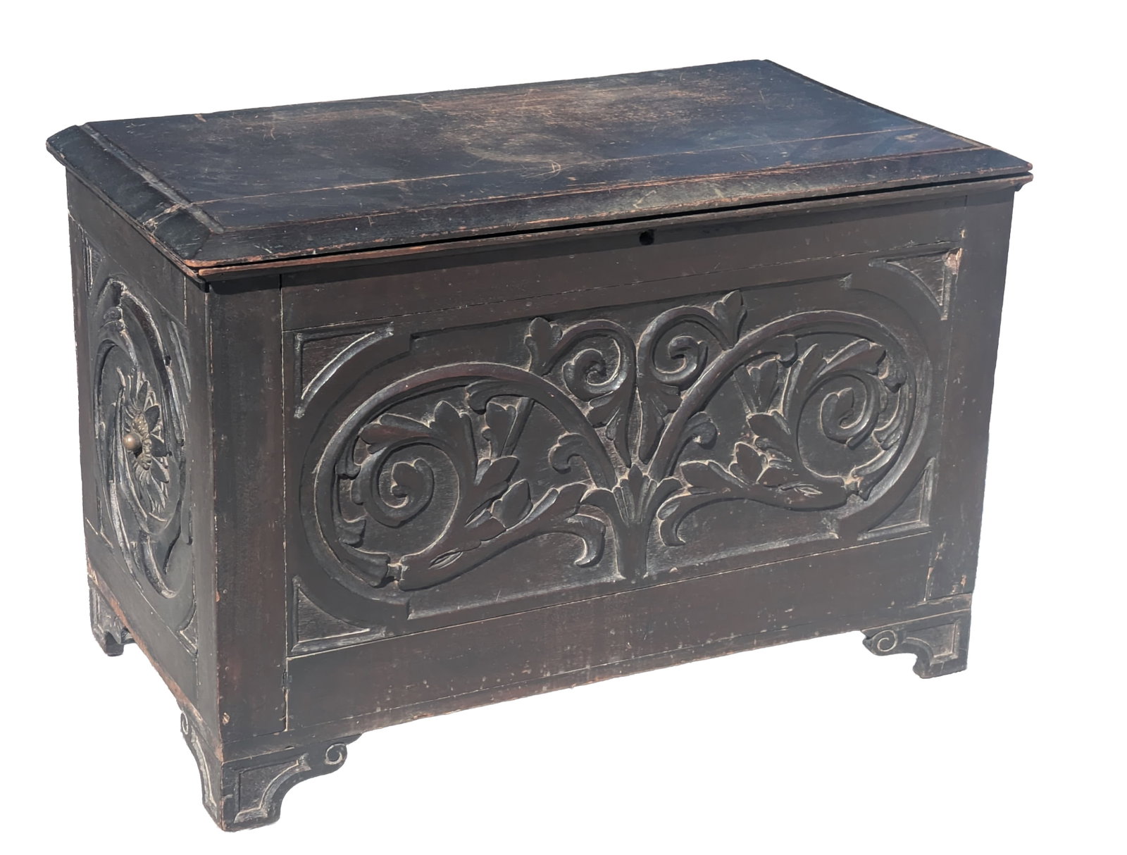 17th/18th C Blanket Chest: Having Extensively Carved Front, Sides and Feet. Height 25 inches, width 36 inches, depth 18 inches.