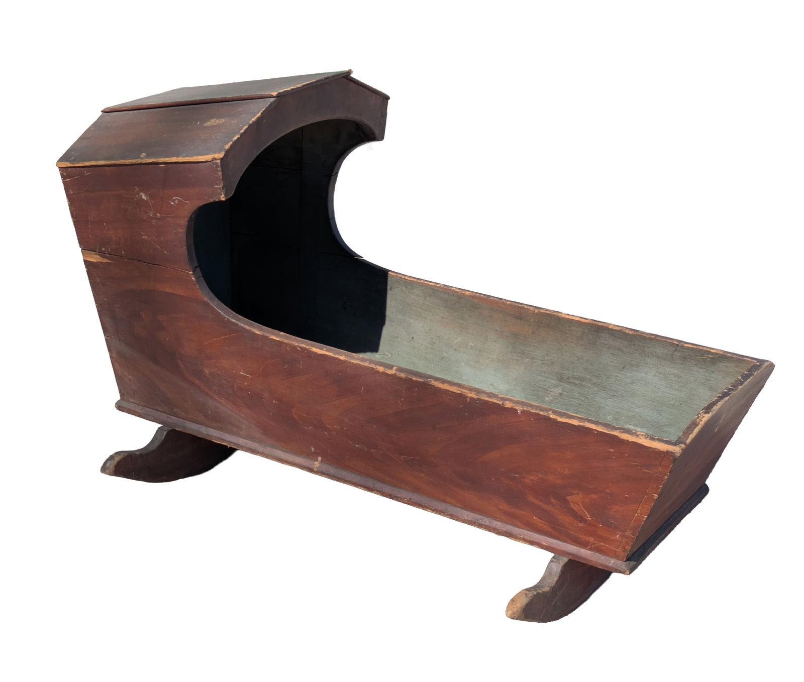 18th C Hooded Rocking Cradle: in original Surface. H 28, W 42, D 18