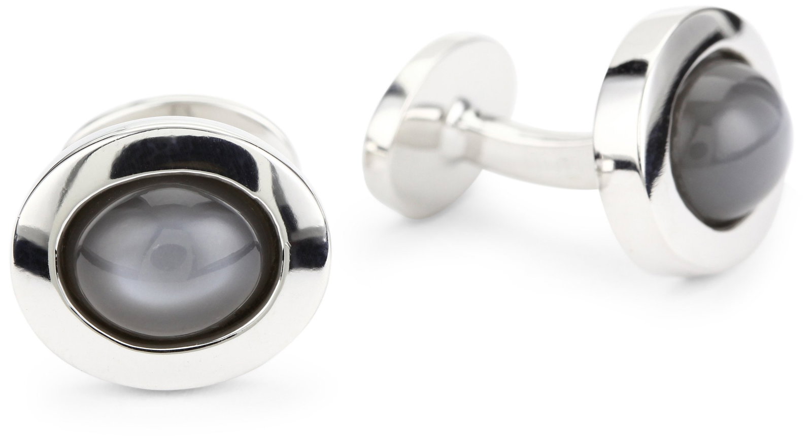 ROTENIER Classic Sterling Silver Grey Moonstone Cufflinks: Sterling silver cufflinks featuring oval moonstone cabochons in polished bezel settings Due to the natural elements of moonstone, the stone may vary in color, size or shape. Made in United States