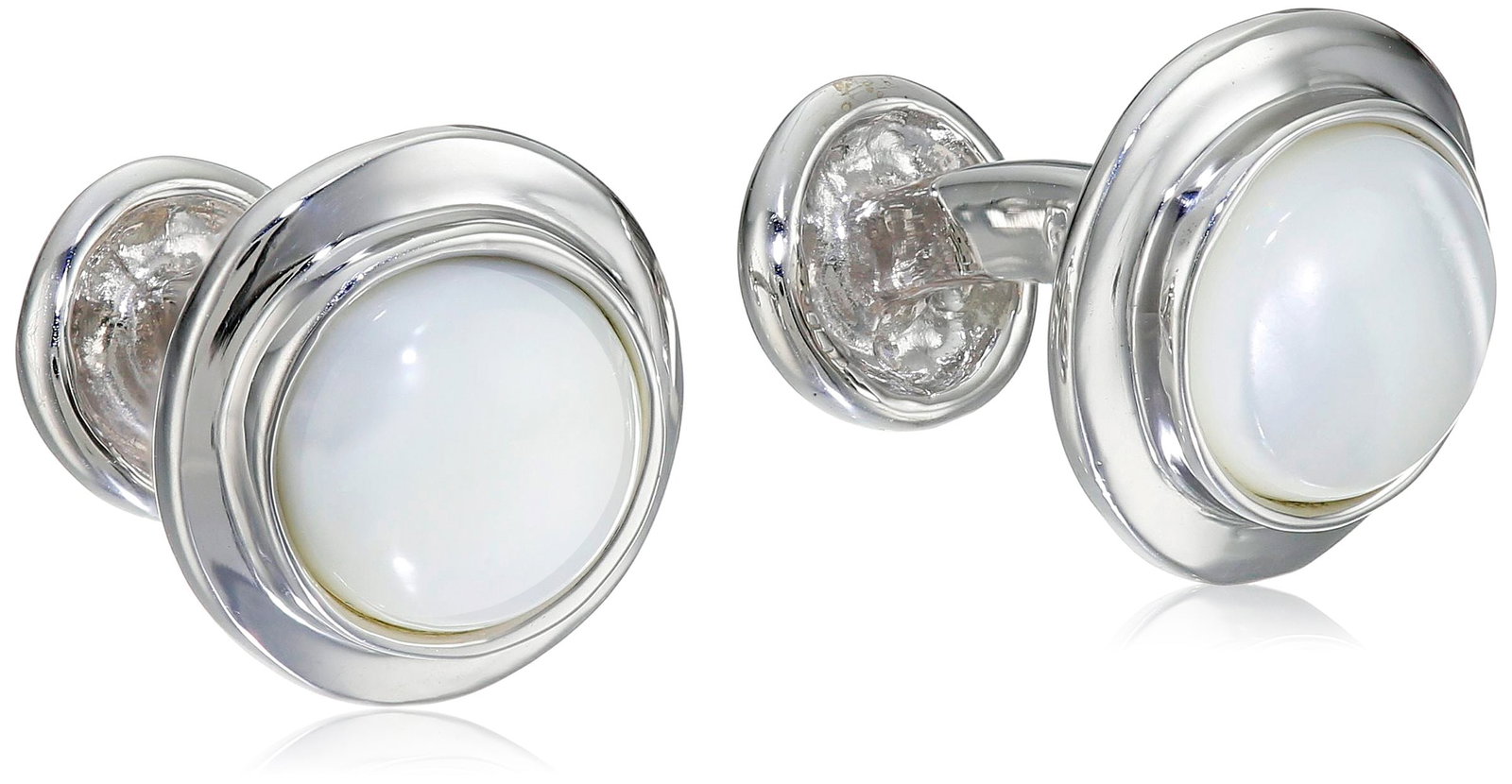 ROTENIER Classic Sterling Silver Globe Mother-Of-Pearl Cufflinks: Cufflinks in rhodium-plated sterling silver featuring mother-of-pearl rounds in bezel settings Due to the natural elements of mother-of-pearl, the stone may vary in color, size or shape. Made in Unite