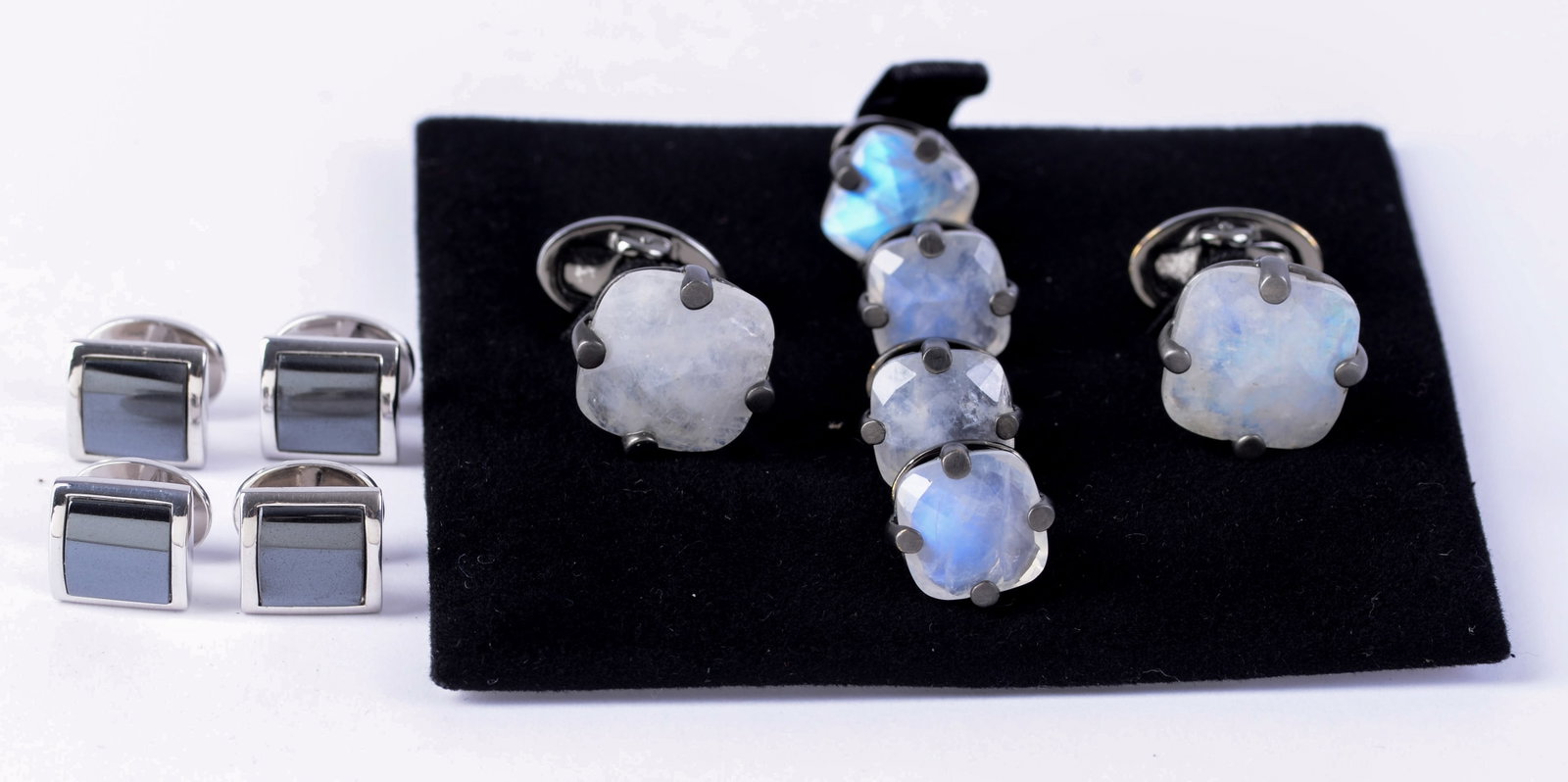 Pair of Jan Leslie Sterling and Cut Stone Cufflinks and Collar Stays.: Together with four other Jan Leslie sterling collar stays.