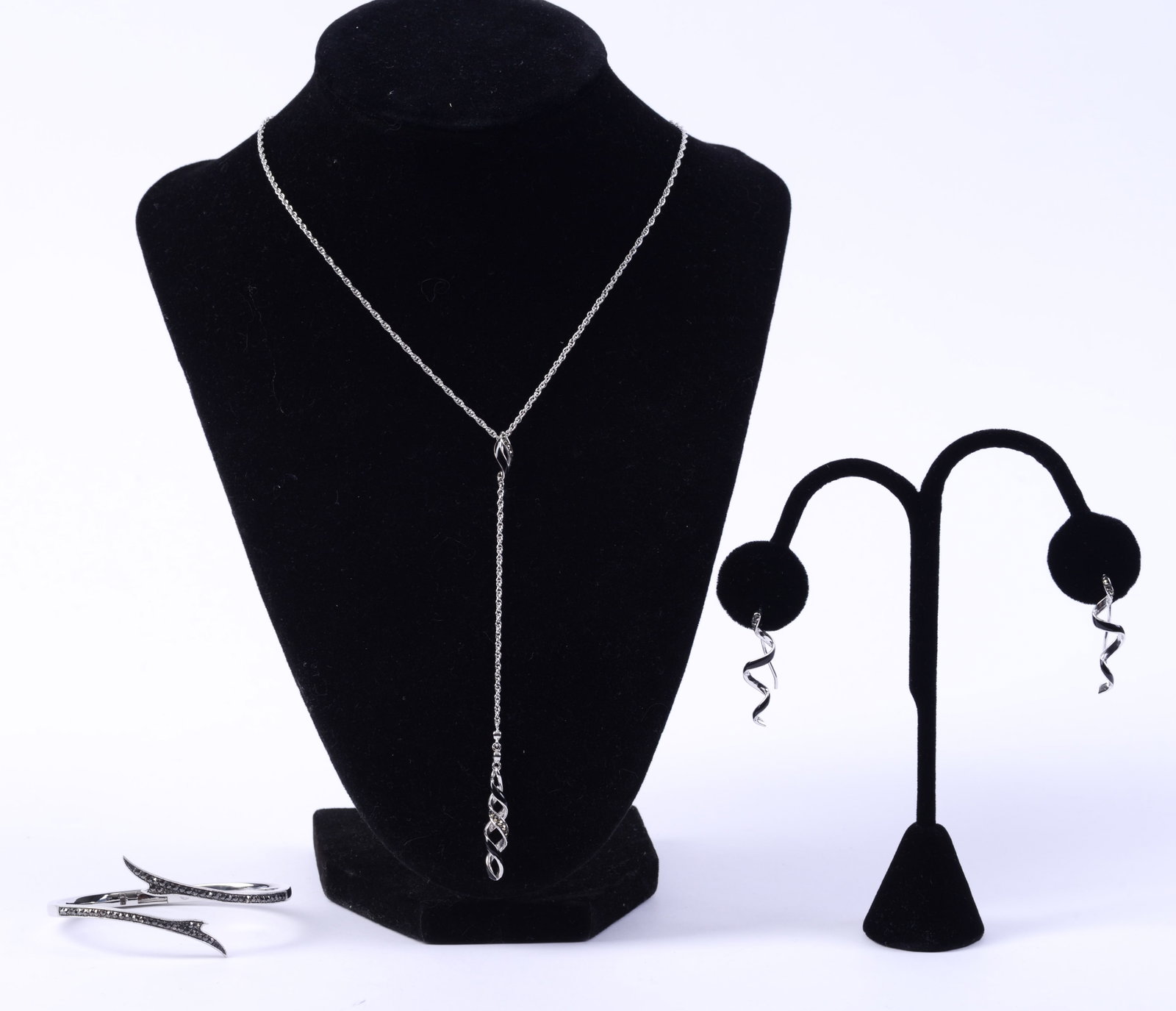 Jan Leslie Reef Ribbon Necklace, Earrings, and Sterling Bracelet.: Bracelet with hinge 2.25 inches width. Length of necklace change 11.5 inches.