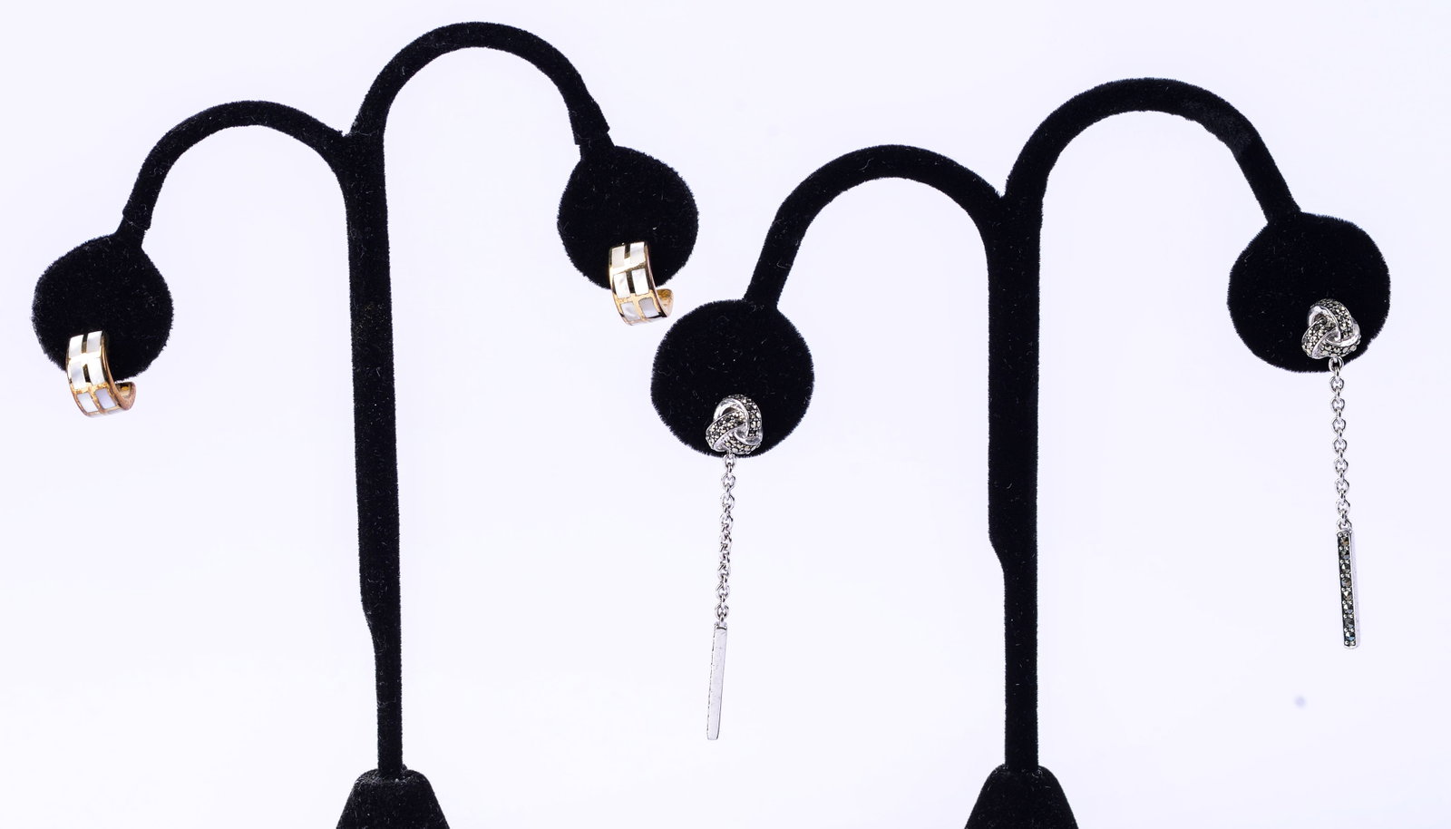 Two Pairs Jan Leslie Sterling Earrings.: One pair with rhinestones, the other with gold color and possible mother of pearl inlay.