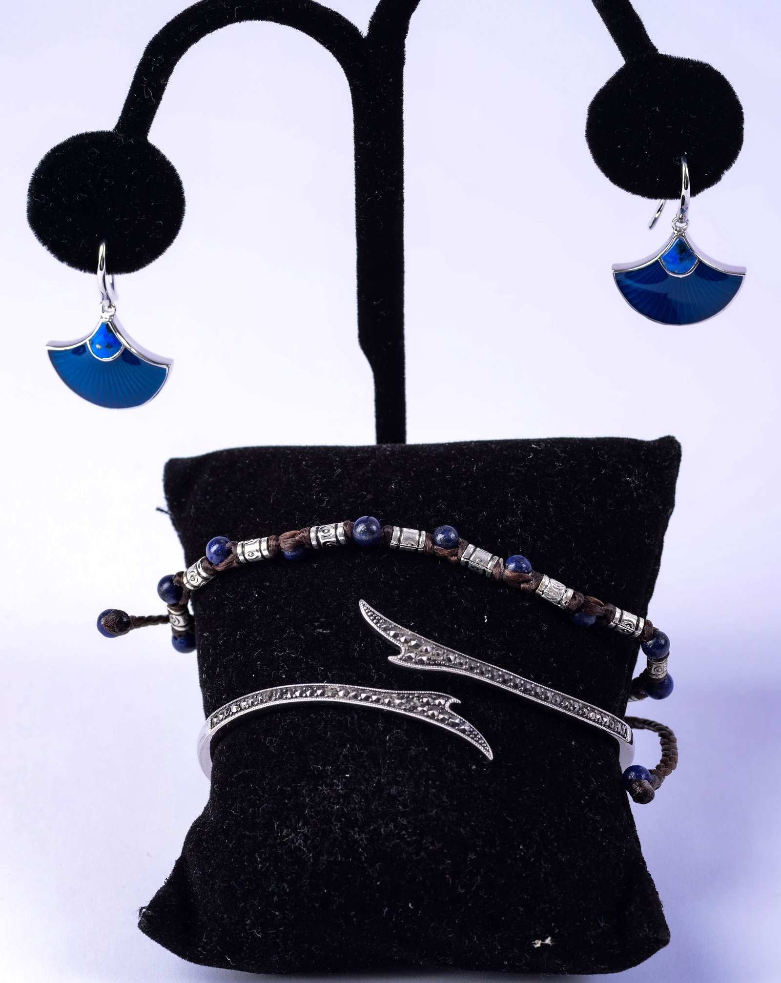 Beaded Bracelet, Blue Earrings and Jan Leslie Sterling Bracelet.: Width of beaded bracelet 2.25 inches.
