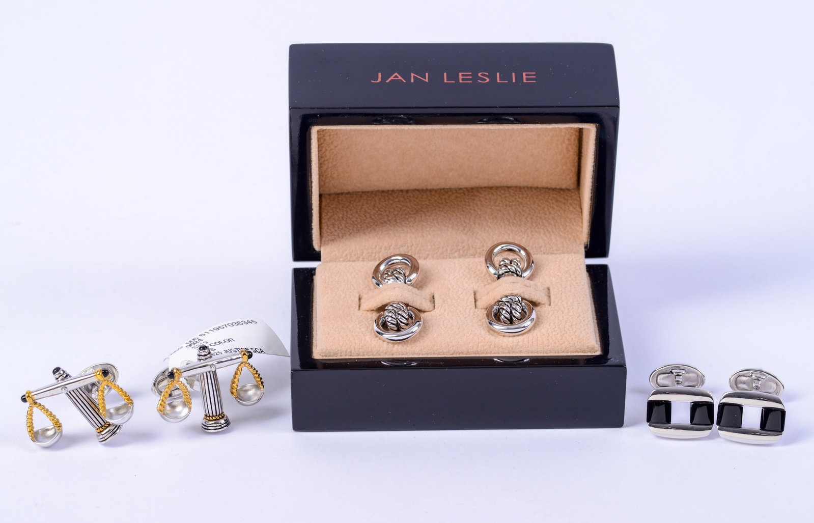 Three Pairs Jan Leslie Sterling Cufflinks.: Justice scales, black squares, and horse bit.