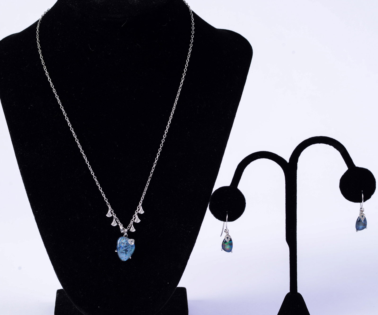 Jan Leslie Sterling and Opalescent Necklace and Earrings.: Length of necklace 8.75 inches.