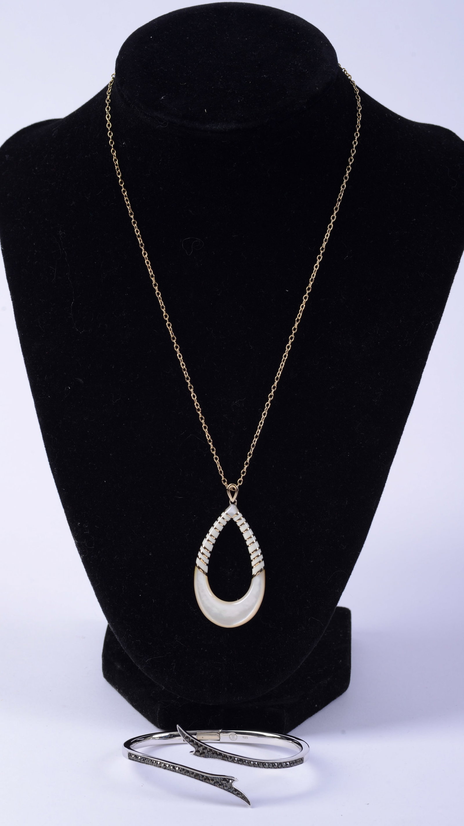 Jan Leslie Sterling Necklace and Bracelet.: Bracelet with rhinestones, 2.25 inches wide. Necklace length 8 inches, pendant possibly mother of pearl. Small chip to base of pendant.