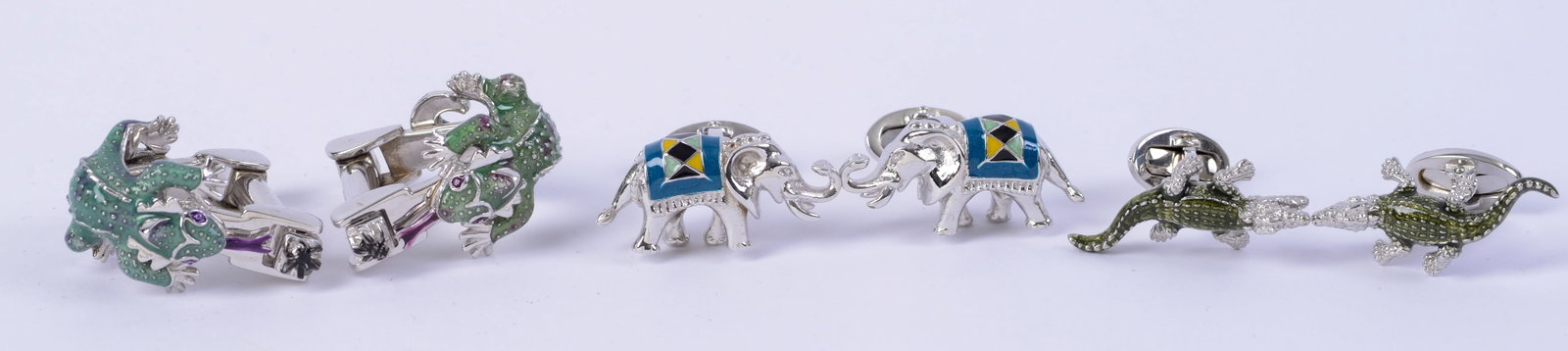 Three Pairs Animal Themed Jan Leslie Sterling Cufflinks.: Lizard, elephant, and caiman.