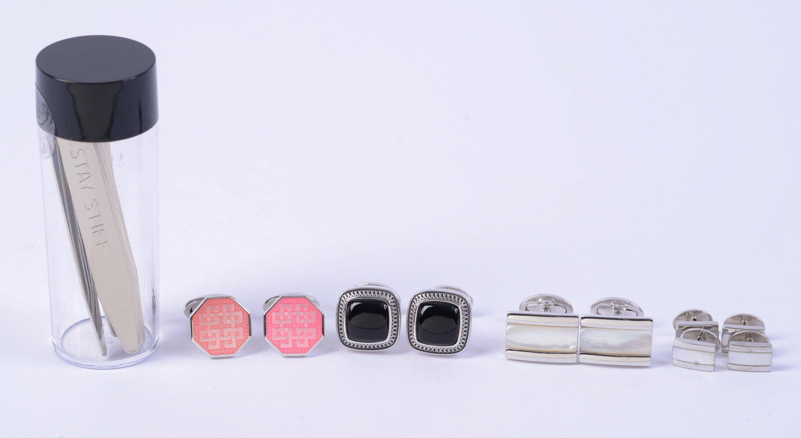 Three Pairs Sterling Jan Leslie Cufflinks.: Black square, possible mother of pearl with two pairs collar stays, and pink knot designs. With 10 metal collar stays.