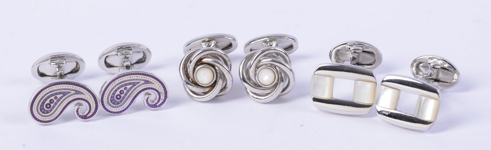 Three Pairs Sterling Jan Leslie Cufflinks.: Pearl-like white squares, paisley, and knot with white center.