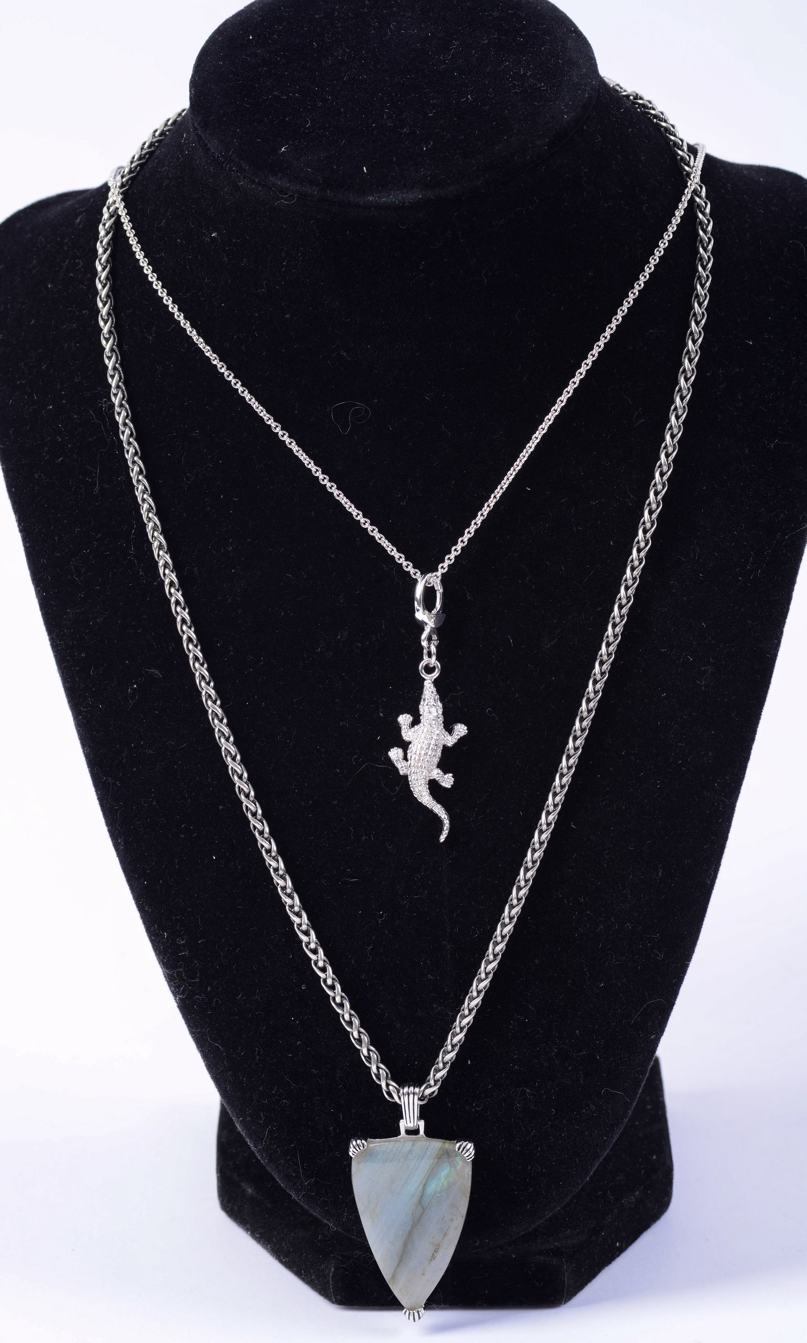 Two Sterling Jan Leslie Necklaces.: One caiman, one stone pendant. Length of pendant necklace 9.5 inches, pendant height .75 inches.