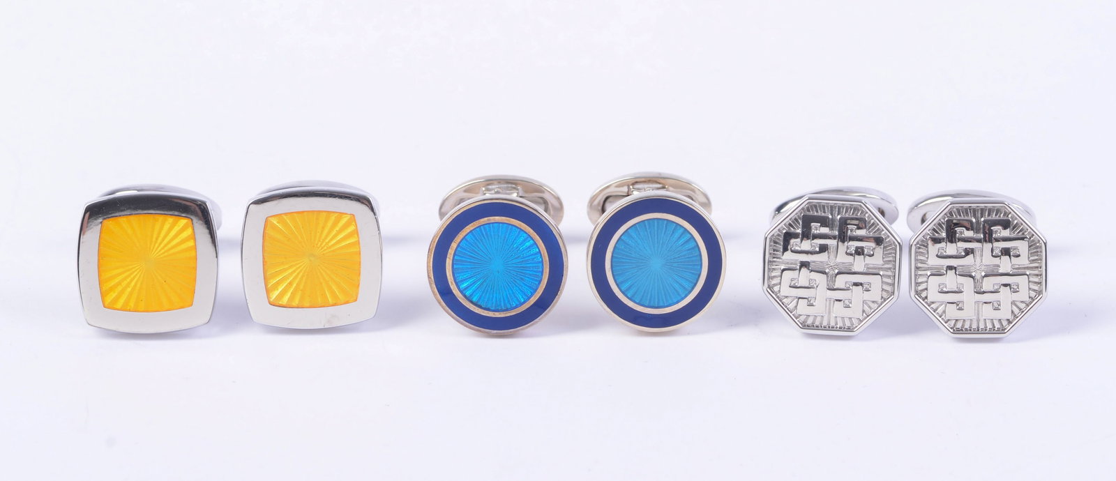 Three Pairs Sterling Jan Leslie Cufflinks.: Yellow, blue, and silver knot designs.