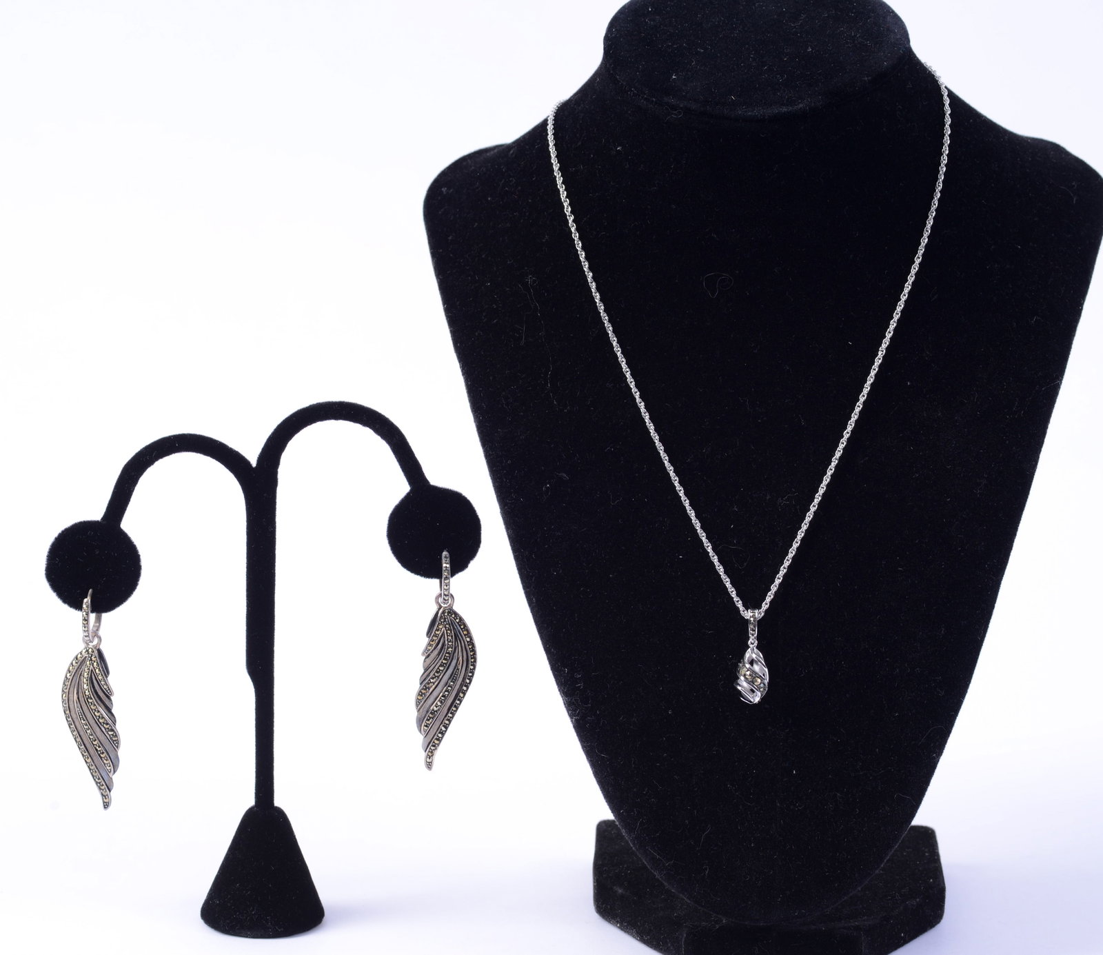Sterling Jan Leslie Wing Earrings and Ribbon Ball Necklace.: Length of necklace chain 8.5 inches.