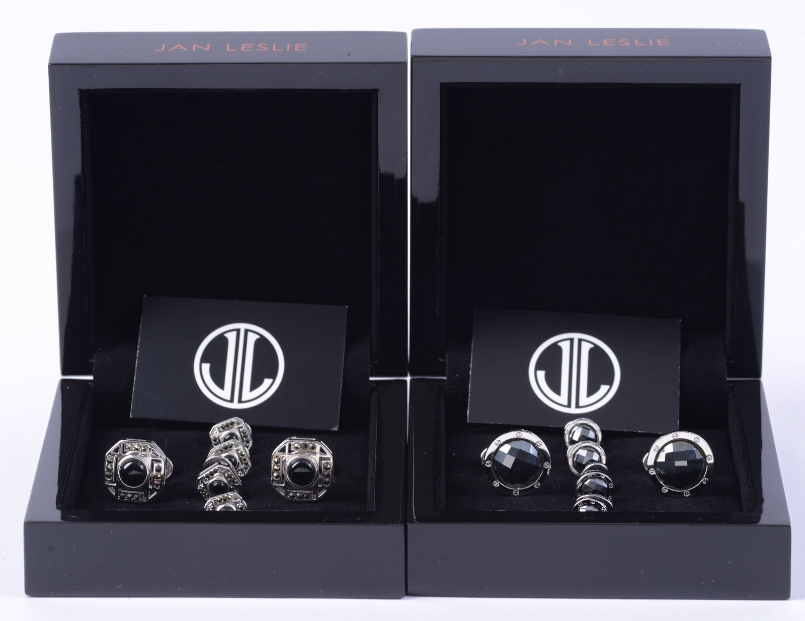 Two Sets of Sterling Jan Leslie Cufflinks and Collar Stays.: One faceted black with porthole circle, and black and silver with rhinestones.