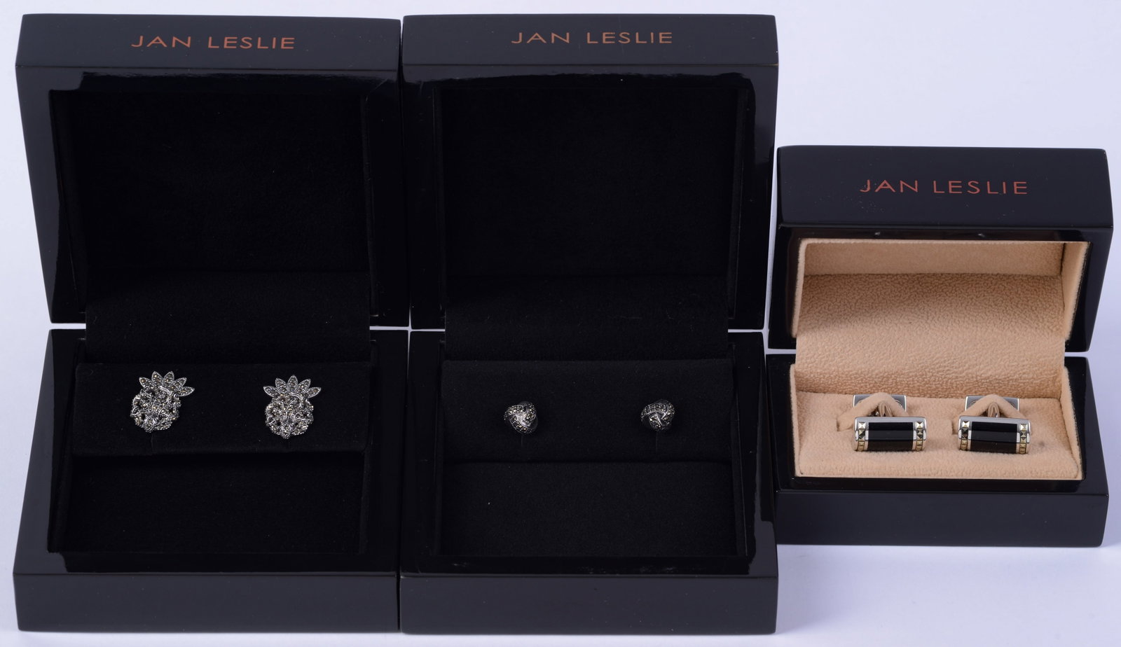Three Pairs Sterling Jan Leslie Cufflinks.: Black rectangle and rhinestones, silver knot with rhinestones, and octopus with rhinestones./