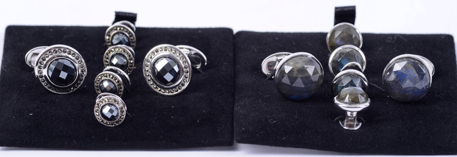 Two Sets of Sterling Jan Leslie Cufflinks and Collar Stays.: Faceted black with circle of rhinestones, and faceted stone.