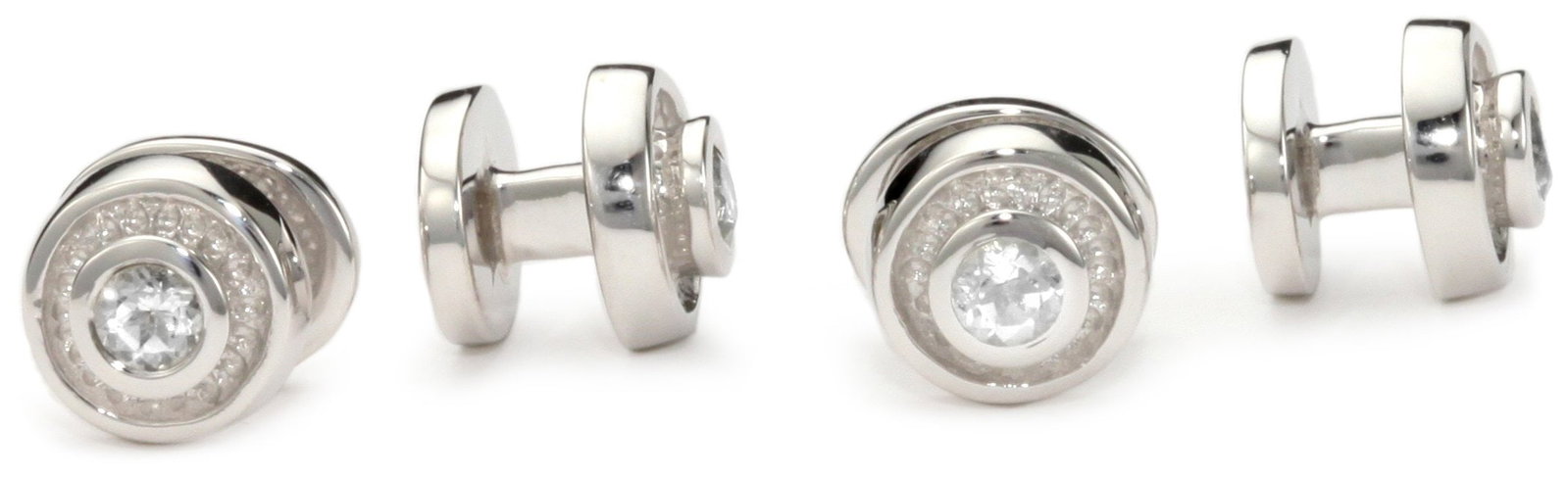ROTENIER "Classic" Sterling Silver Bearing with White Topaz Studs: Sterling Silver Bearing set with White Topaz Studs Due to the natural elements of white topaz, the stone may vary in color, size or shape. Four shirt studs, shaped like a bearing Made in United States
