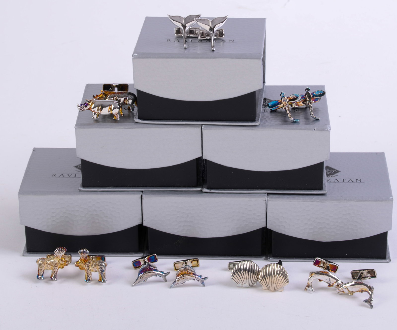 Seven Pairs Ravi Ratan Sterling Silver Cufflinks.: Whale tails, fish, dragonfly, swordfish, shell, moose, and rhino. In original boxes, some tarnish.