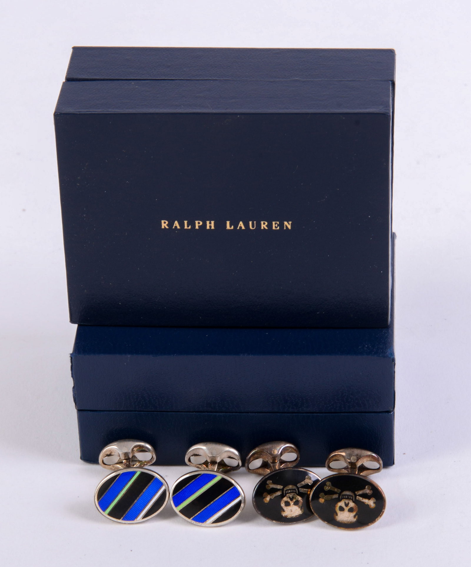 Two Pairs of Ralph Lauren Sterling Cufflinks.: In original boxes, some tarnish.