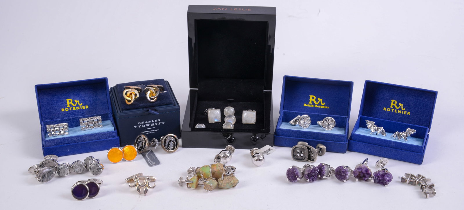 Fourteen Pairs of Cufflinks and Five Stud Sets.: Jan Leslie, Rotenier, Charles Tyrwhitt. New in original boxes.
