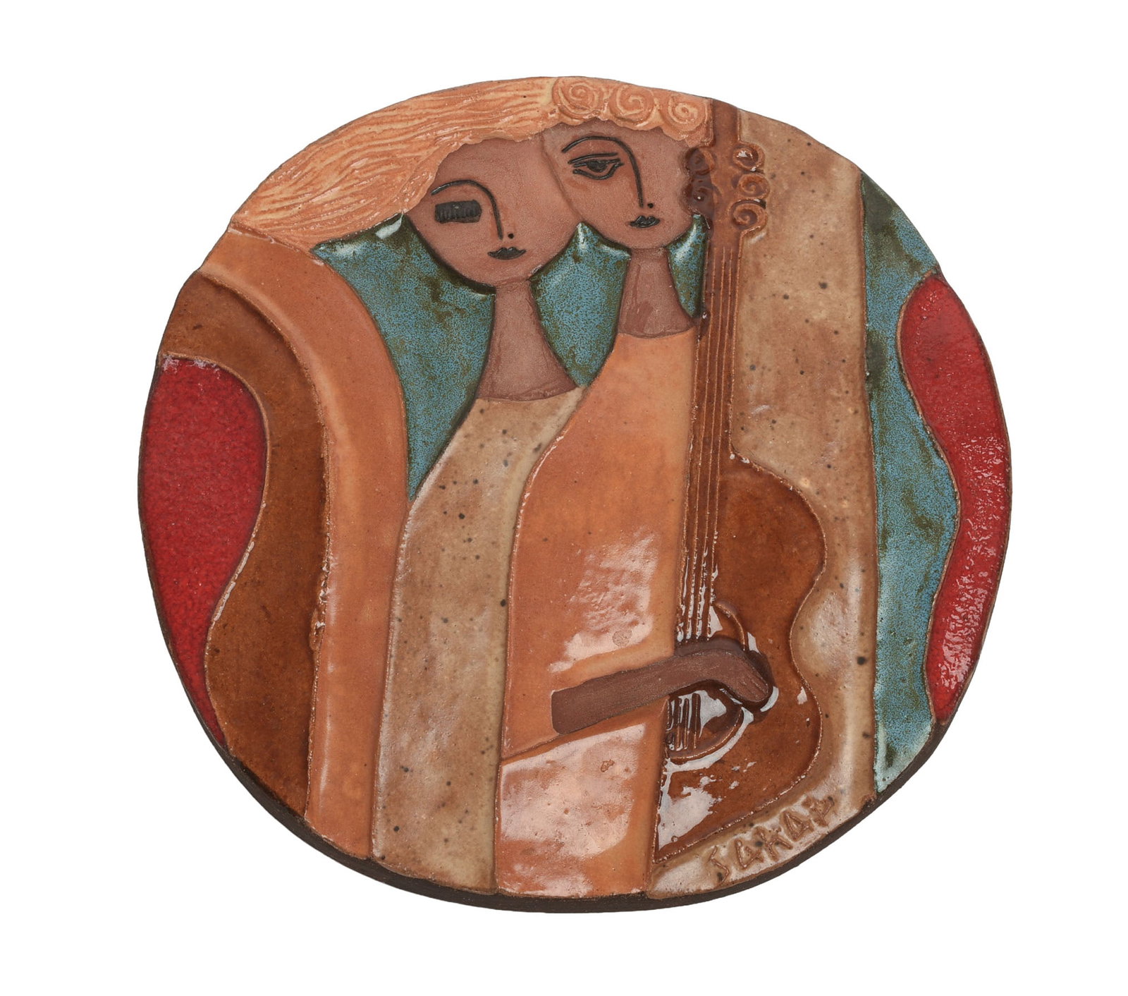 MOSHE SARAD ROUND PLAQUE: Diameter 7 inches, signed and dated 1986 on back.