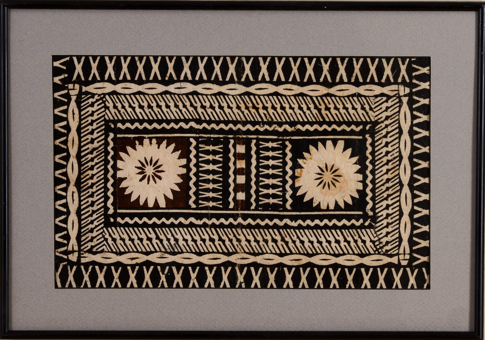 SMALL MID CENTURY TAPA CLOTH.: 15 x 9.5 inches, sight. Framed, 13.5 x 19.5 inches. Good condition.