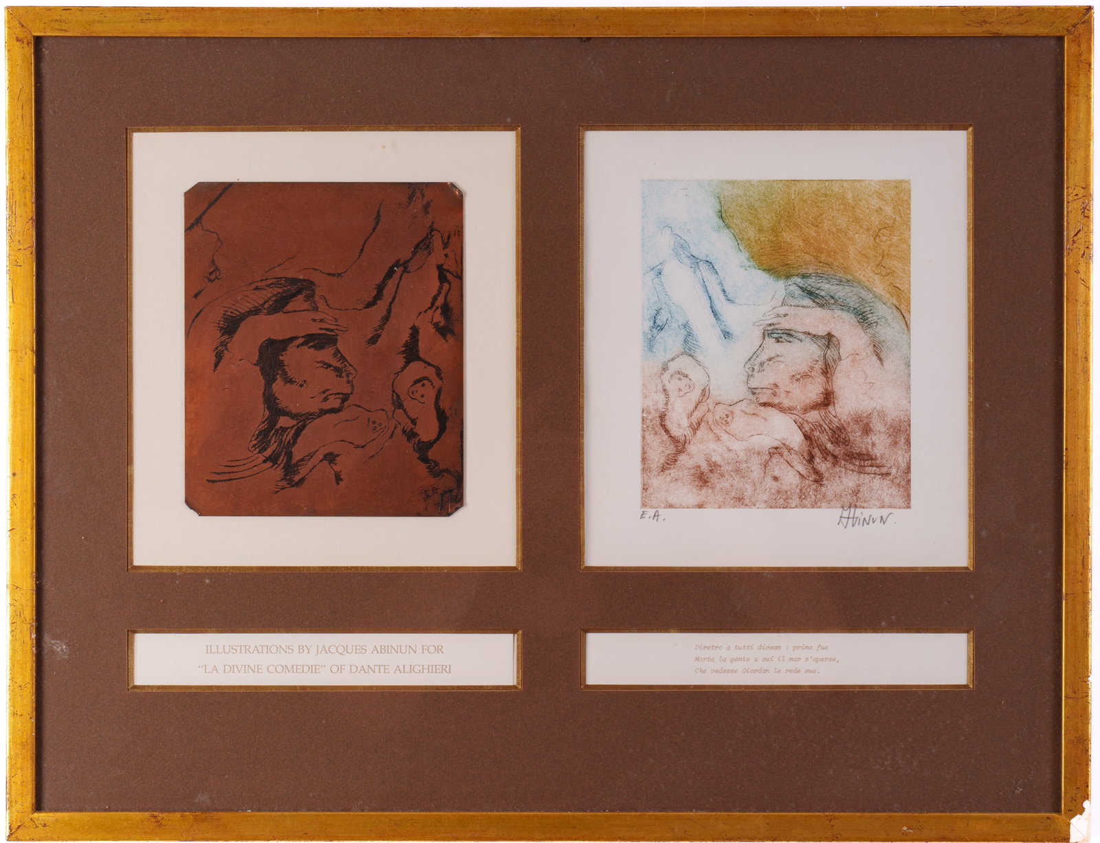 JACQUES ABINUN (B. 1940). EIGHT ILLUSTRATIONS FROM DANTE'S DIVINE COMEDY.: Engravings on paper, each image 6.5 x 5.5 inches. Framed with original copper plates. Each frame 17.5 x 23 inches.