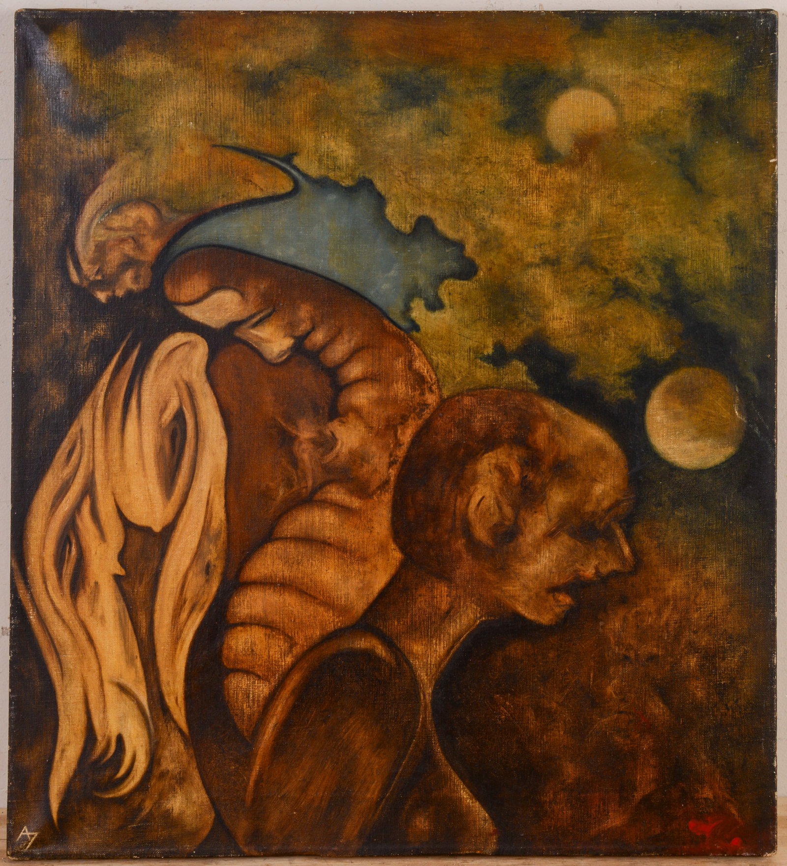 SURREALIST PORTRAIT OF A MAN.: Oil on canvas, 22 x 20 inches, monogram lower left.
