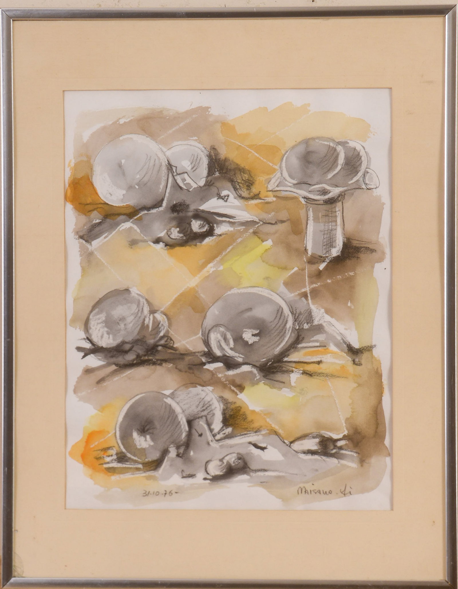 Maisano. Study of Mushrooms.: Watercolor on paper, 13 x 10.5 inches, dated 1976. Framed 18.5 x 14.5 inches.