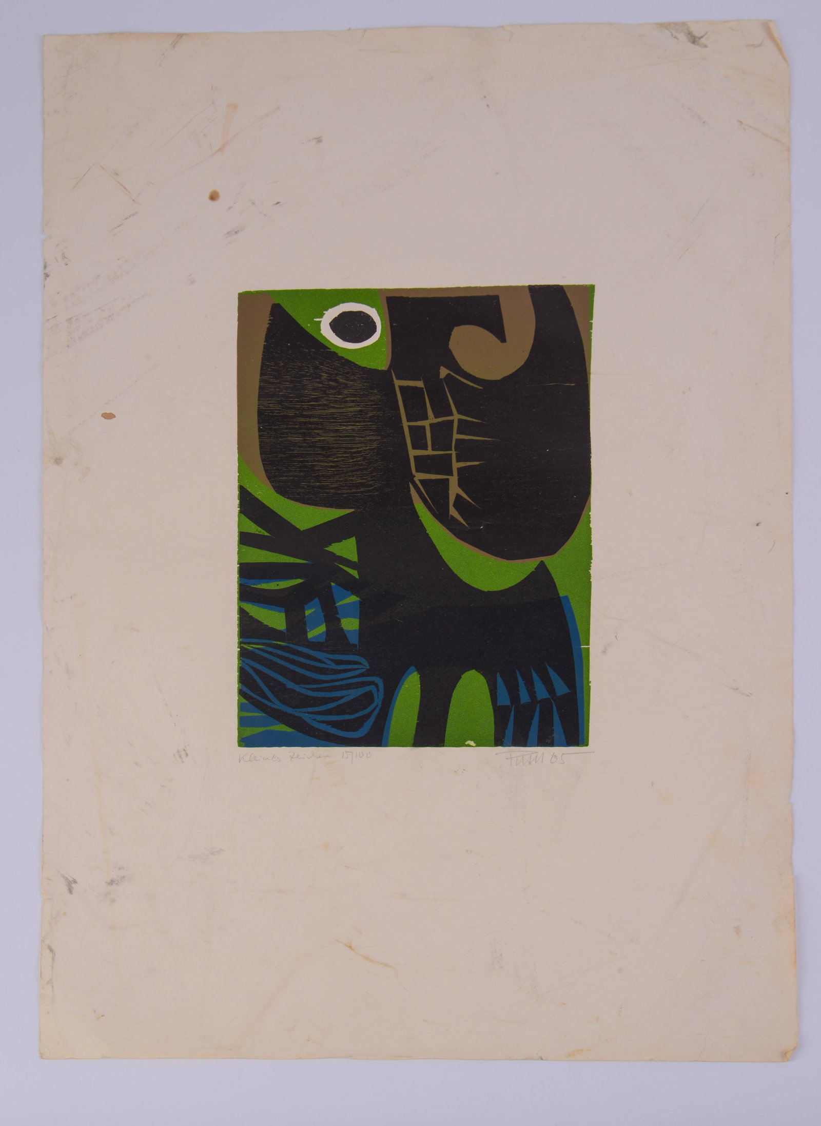Mid Century Linocut. Klein Zeilin.: Signed PUM, dated 1965, sheet 24 x 16 inches.