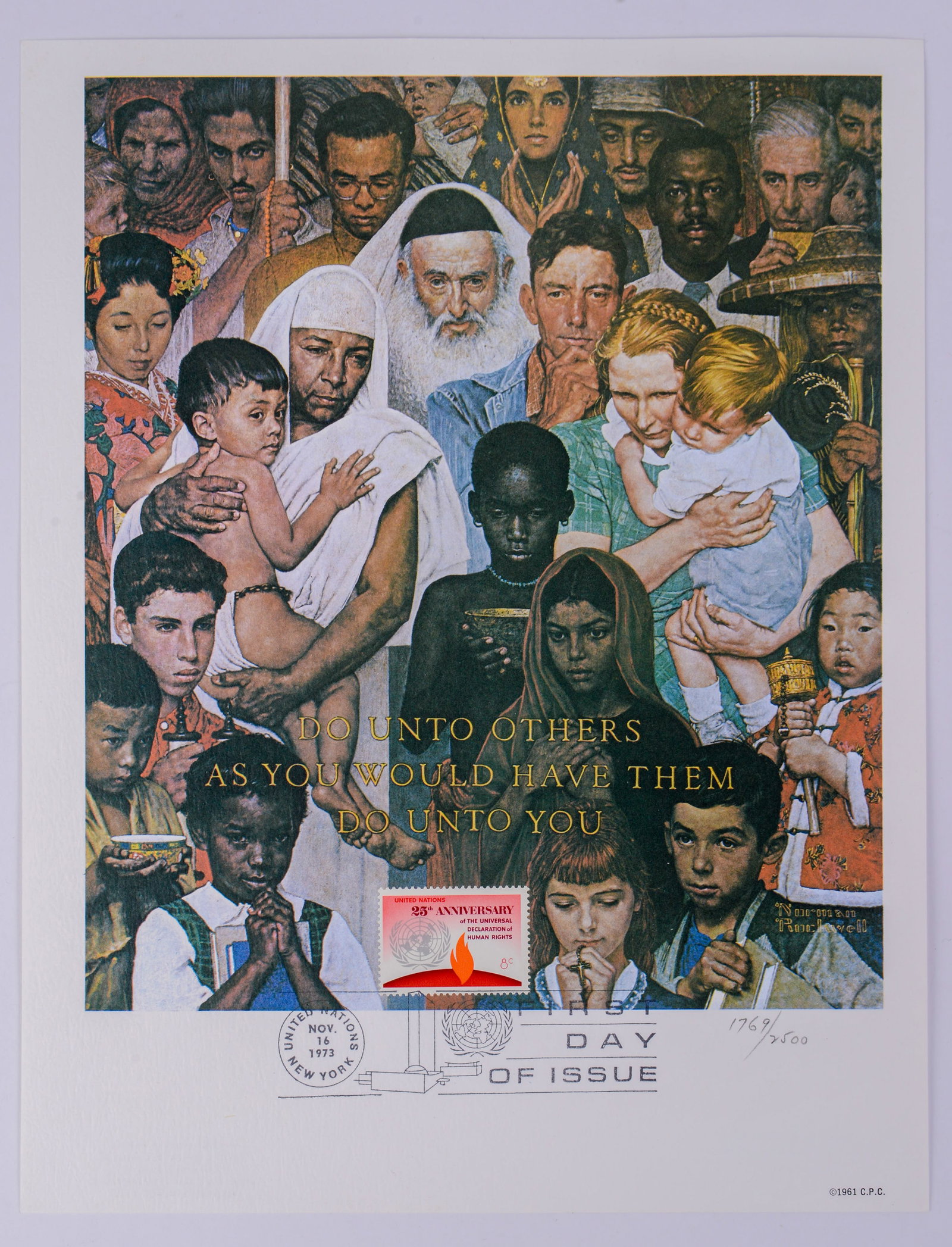 United Nations First Day of Issue Stamp.: 23rd Anniversary of the Universal Declaration on Human Rights. 8.5 x 11 inches.