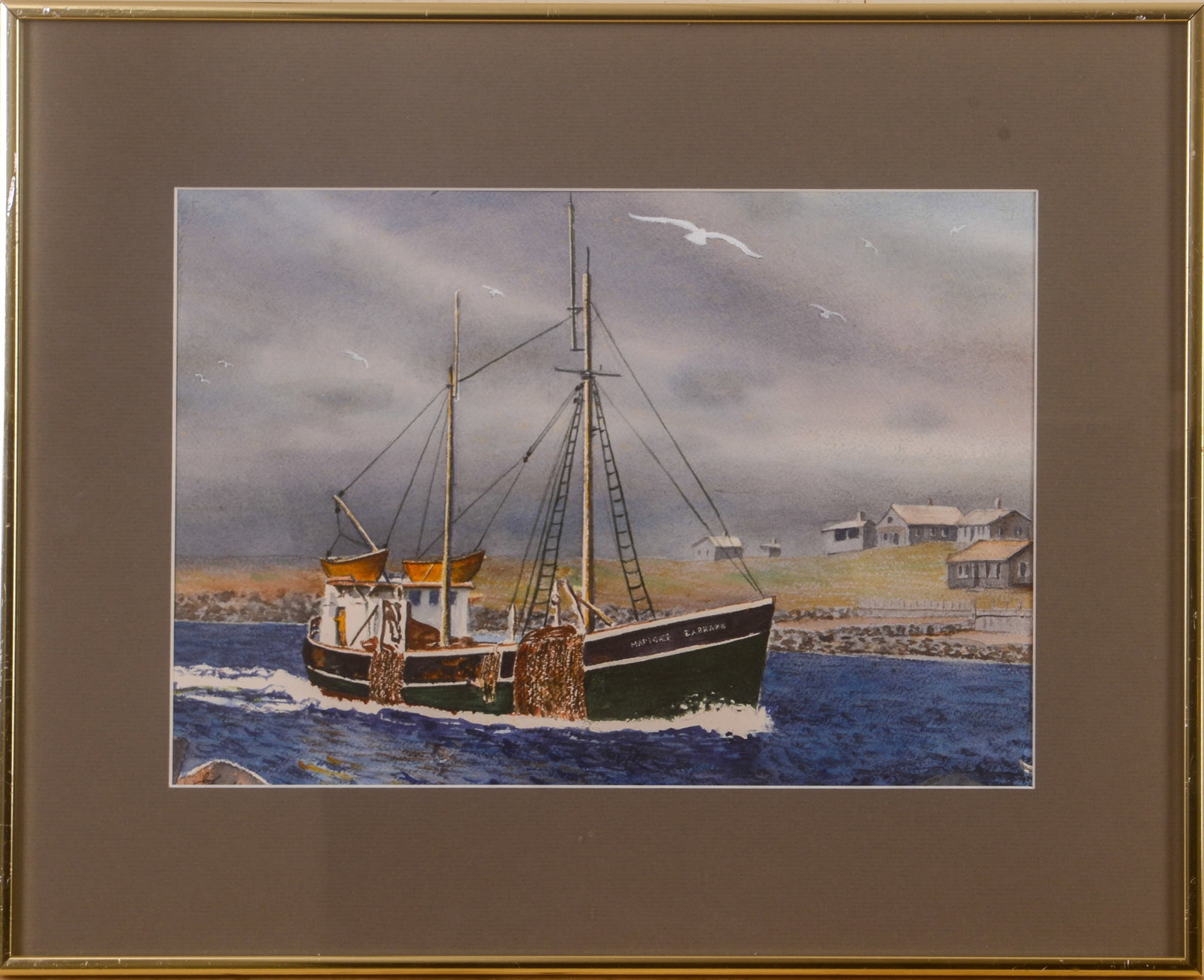 John Lundgren. Fishing Boat Returning Home to Port.: Sign LL John Lundgren. Watercolor on paper, 10 x 14 1/2 inches sight. Framed, 16 1/4 x 20 1/4 inches.